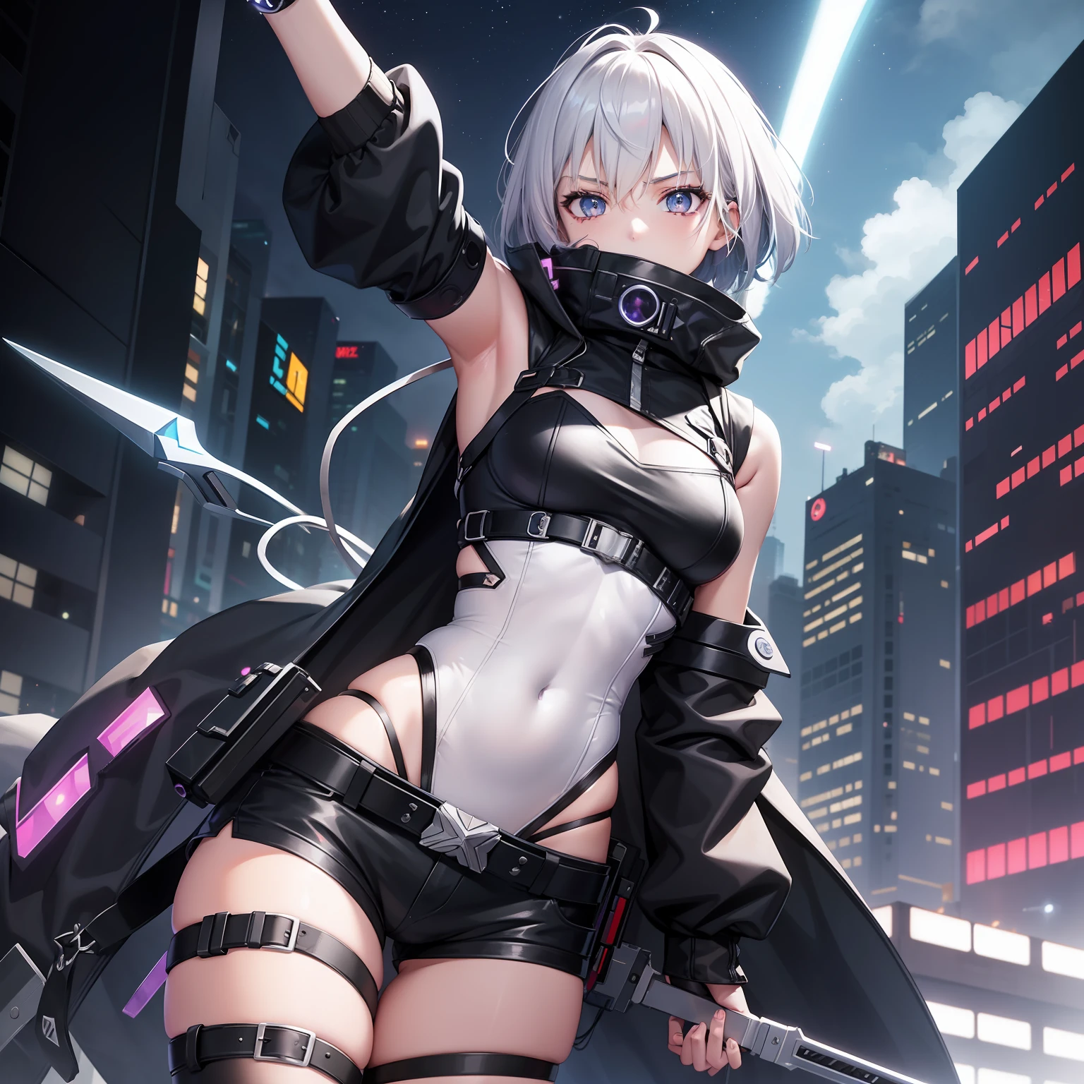arcana_style\(starlight\),lucy \(cyberpunk\), 1girl, arm up, asymmetrical hair, belt, bodysuit, covered mouth, covered navel, detached sleeves, grey eyes, hip vent, holding, holding weapon, looking at viewer, pouch, short hair, sky, solo, weapon, white hair, wire, short shorts, shorts, open jacket
