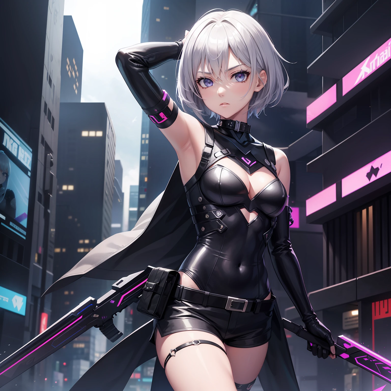 arcana_style\(starlight\),lucy \(cyberpunk\), 1girl, arm up, asymmetrical hair, belt, bodysuit, covered mouth, covered navel, detached sleeves, grey eyes, hip vent, holding, holding weapon, looking at viewer, pouch, short hair, sky, solo, weapon, white hair, wire, short shorts, shorts, open jacket