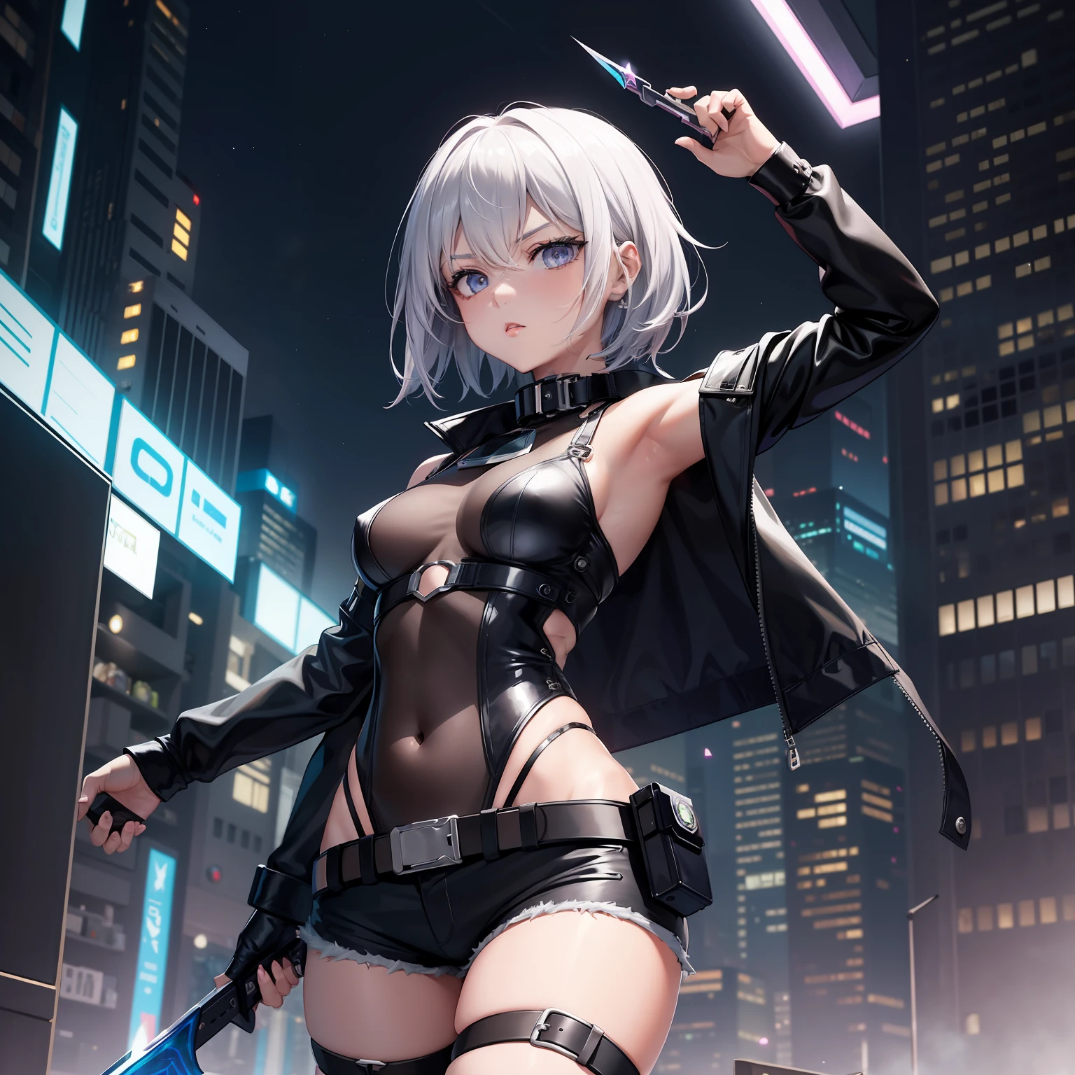 arcana_style\(starlight\),lucy \(cyberpunk\), 1girl, arm up, asymmetrical hair, belt, bodysuit, covered mouth, covered navel, detached sleeves, grey eyes, hip vent, holding, holding weapon, looking at viewer, pouch, short hair, sky, solo, weapon, white hair, wire, short shorts, shorts, open jacket