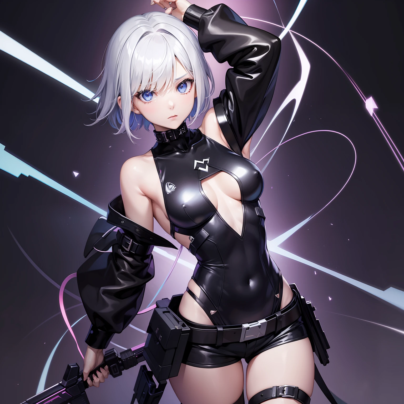 arcana_style\(starlight\),lucy \(cyberpunk\), 1girl, arm up, asymmetrical hair, belt, bodysuit, covered mouth, covered navel, detached sleeves, grey eyes, hip vent, holding, holding weapon, looking at viewer, pouch, short hair, sky, solo, weapon, white hair, wire, short shorts, shorts, open jacket