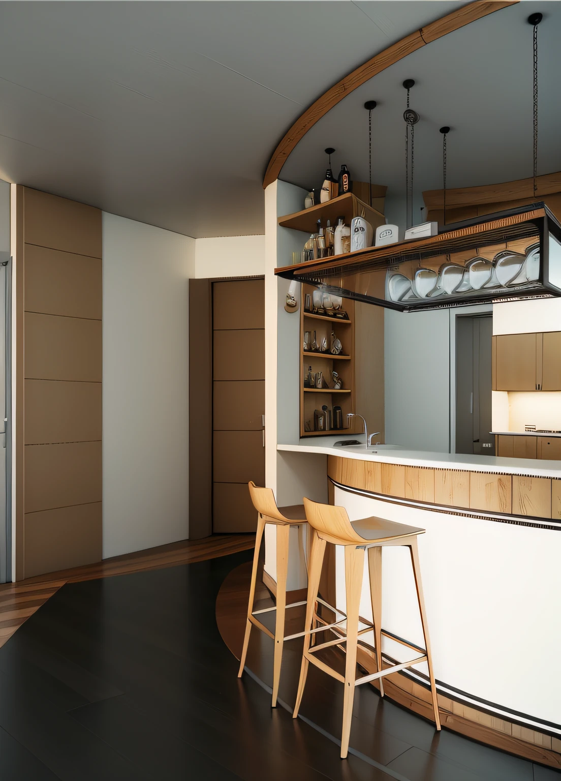 kitchen interior ideas, dining room, bar, curved dining table from ceiling to floor, wooden, wooden kitchen cabinets, modern, plaster ceiling, ceiling downlight, dining table and chairs, wooden floor, painted walls beige, large refrigerator, upper kitchen cabinets, lower kitchen cabinets, bar, modern architecture, warm tones, sharp images, high quality 4k, decor kitchenSuper realistic, high quality, modern