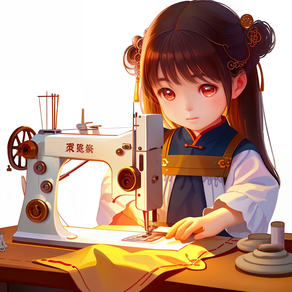 The image of a girl sewing on a sewing machine, lovely digital painting, author:Yu Zheding, Realistic cute girl painting, author:Qu Leilei, adorable digital art, Cute detailed digital art, By Li Song, Beautiful digital artwork, Chinese girl, amazing craftsmanship, Amazing digital art, beautiful craftsmanship, author:Qiu Ying, Exquisite digital illustration