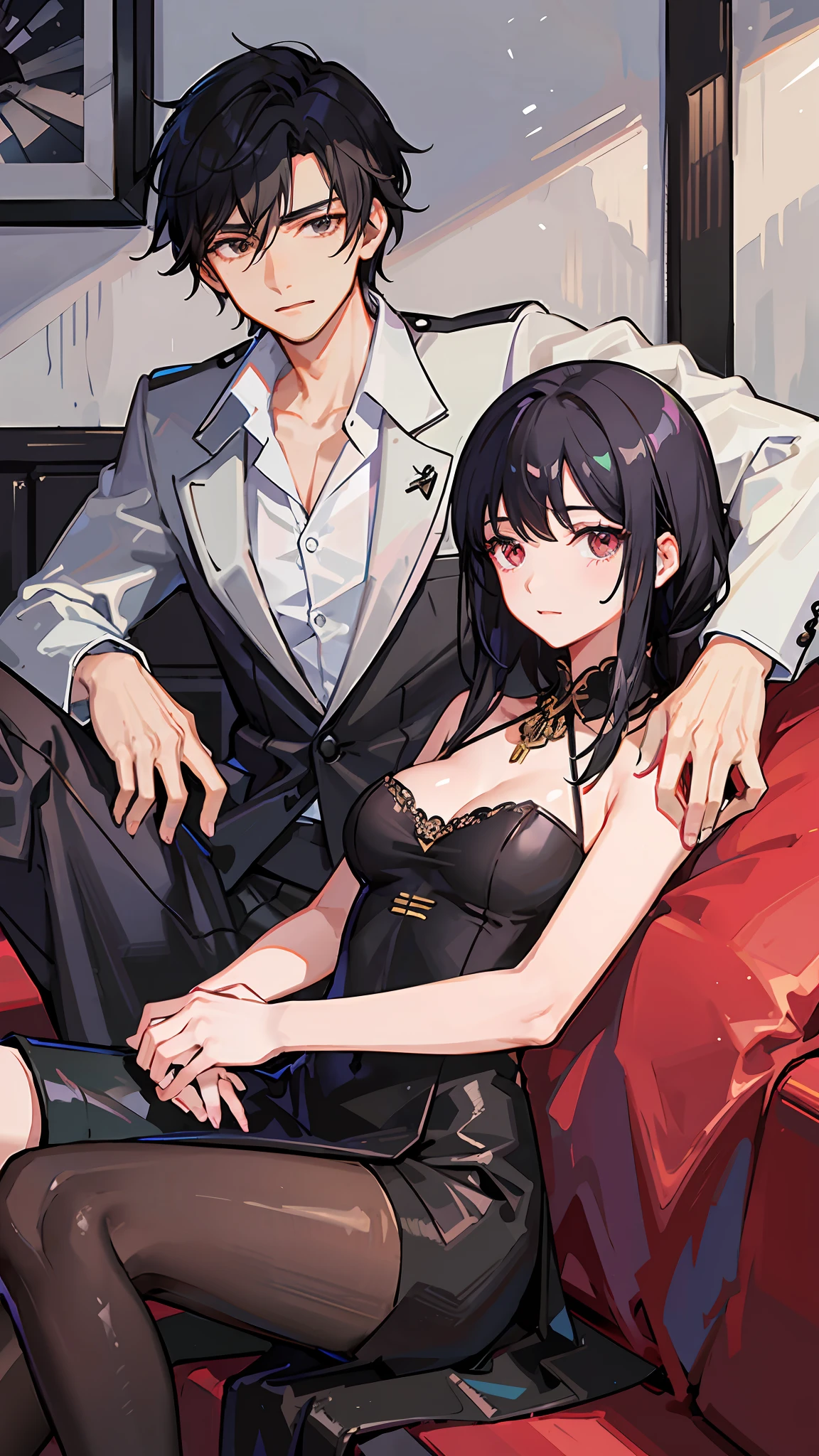 A handsome boy with black hair in a suit and a girl with long black hair in her arms holding a bandeau dress lie on the sofa