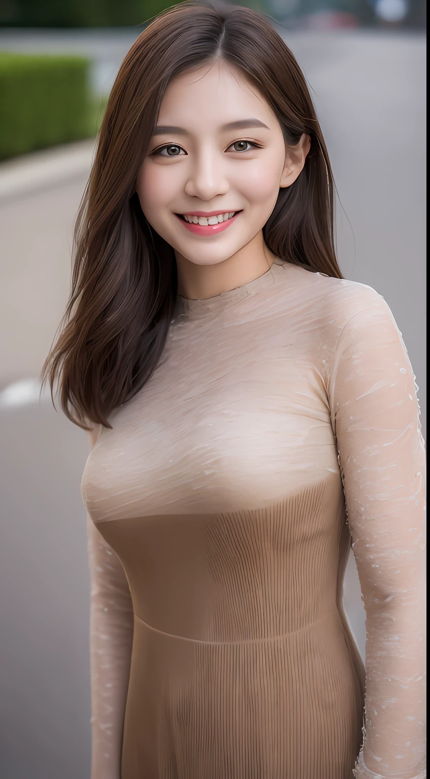 ((Best quality, 8k, Masterpiece :1.3)), 1girl, smiling, full body, slim face, Pretty woman, (Dark brown hair), full length dress :1.1, Ultra-detailed face, Detailed eyes, Double eyelid,  blur background, slim face, city, outside, street, 1pussy visible, vVagina visible, NSFW