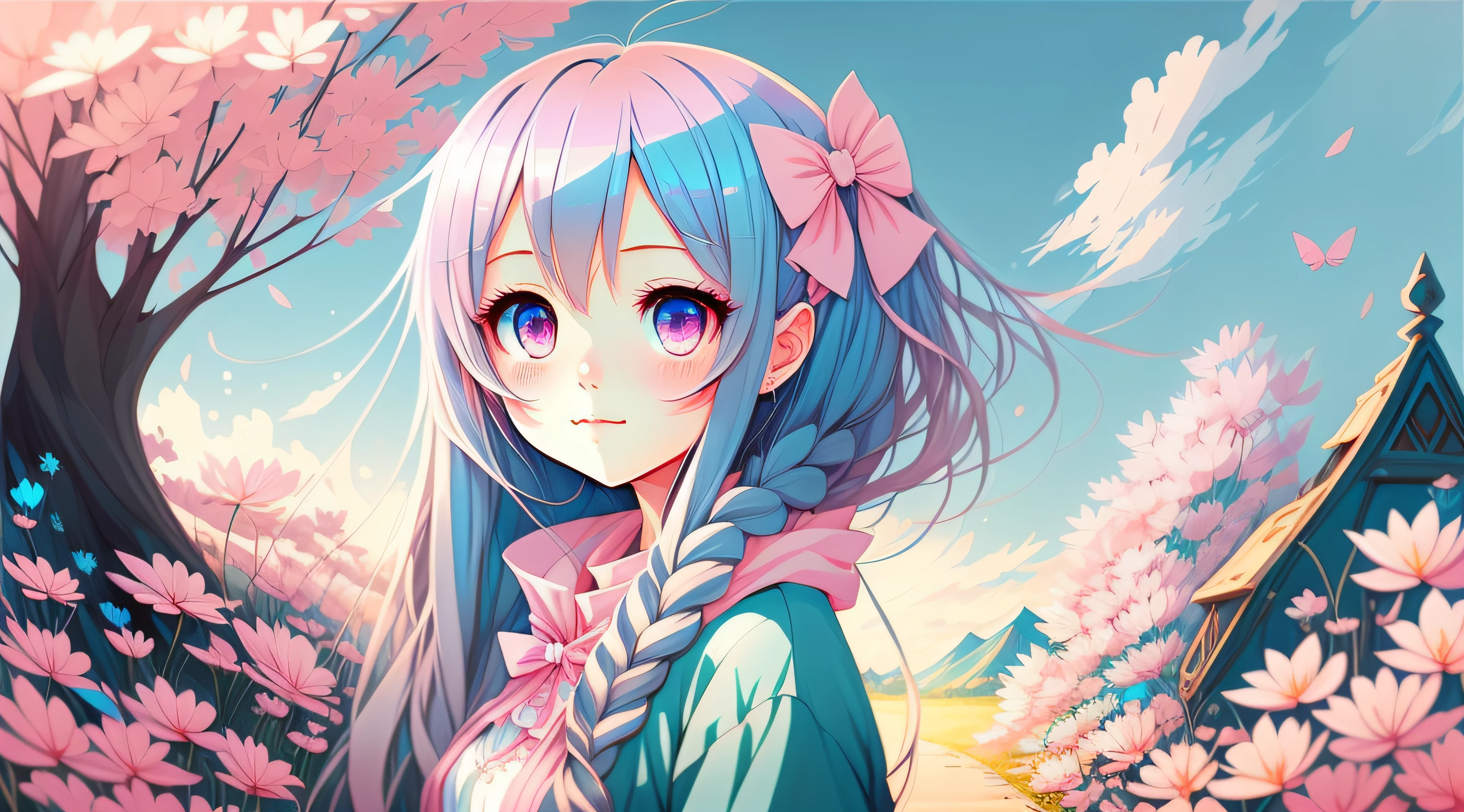 Light blue tones，Anime girl with long blue hair and pink eyes, animemanga girl，Digital art on Pixiv, A beautiful artwork illustration, Cute detailed digital art, Beautiful anime artwork, Anime fantasy illustration, Soft anime illustration, pixiv contest winner