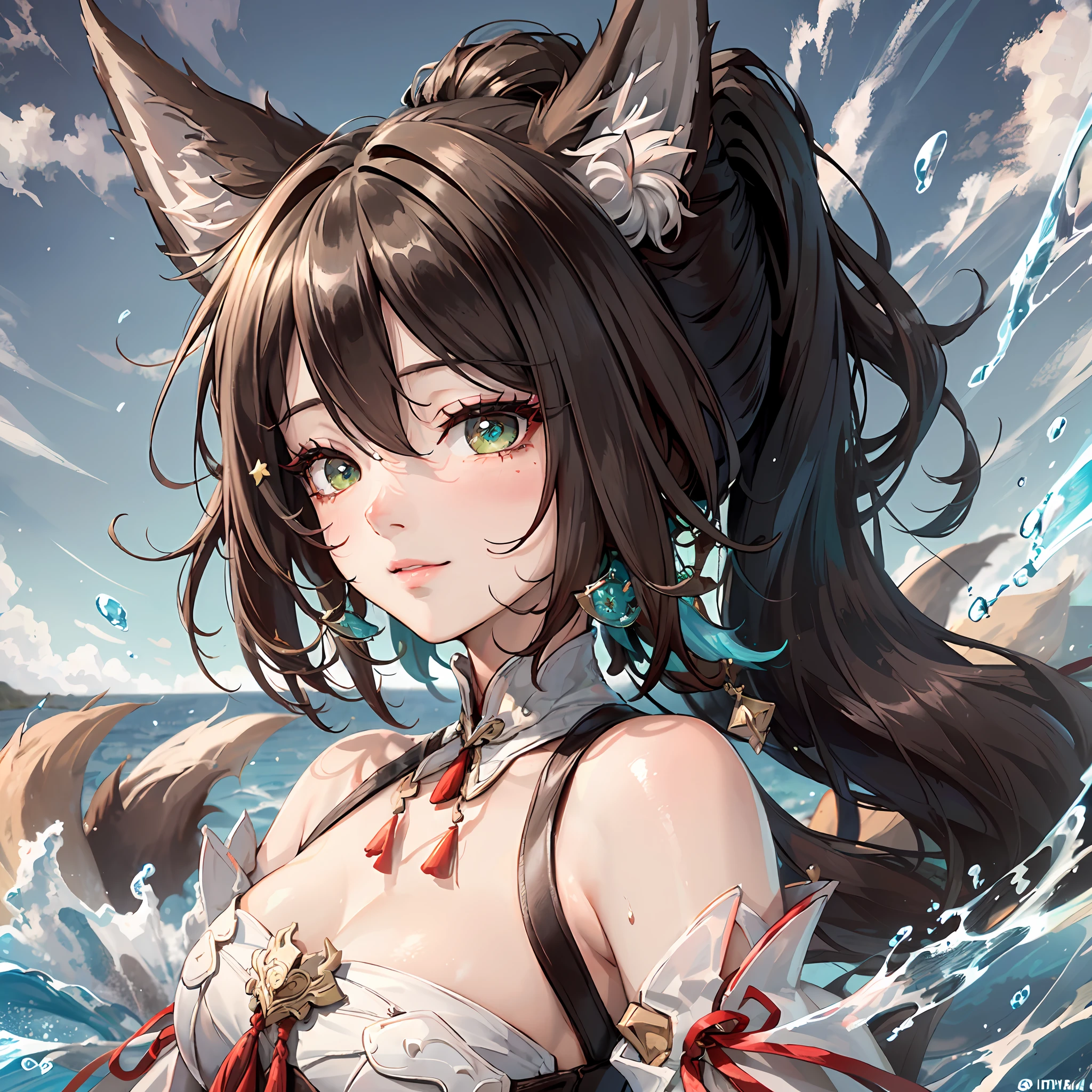 (Dynamic angle,headshot,Facial close-up,sky,water,imid shot, flower effect,particle effect,artistic effect:1.2), evil smile,(floating and spread hair:1.2), (detailed and delicate and flexible eyes),(1girl,solo,arm, Tingyun (Honkai Star Rail),splash ink,shout,dark brown hair,green eyes,bare shoulders, jewerly, ponytail, medium hair, brown hair, detached sleeves,Big fox ears:1.2), (corrpution:1.15), fov,f/1.8, side lighting, sunlight ,(masterpiece, best quality, Ultra Detail, wallpaper, detailed shiny skin, flawless, 8k, RAW, highres,absurdres,:1.3), (detailed super oily shiny skin:1.1), colorful, power,zhenbanqiao