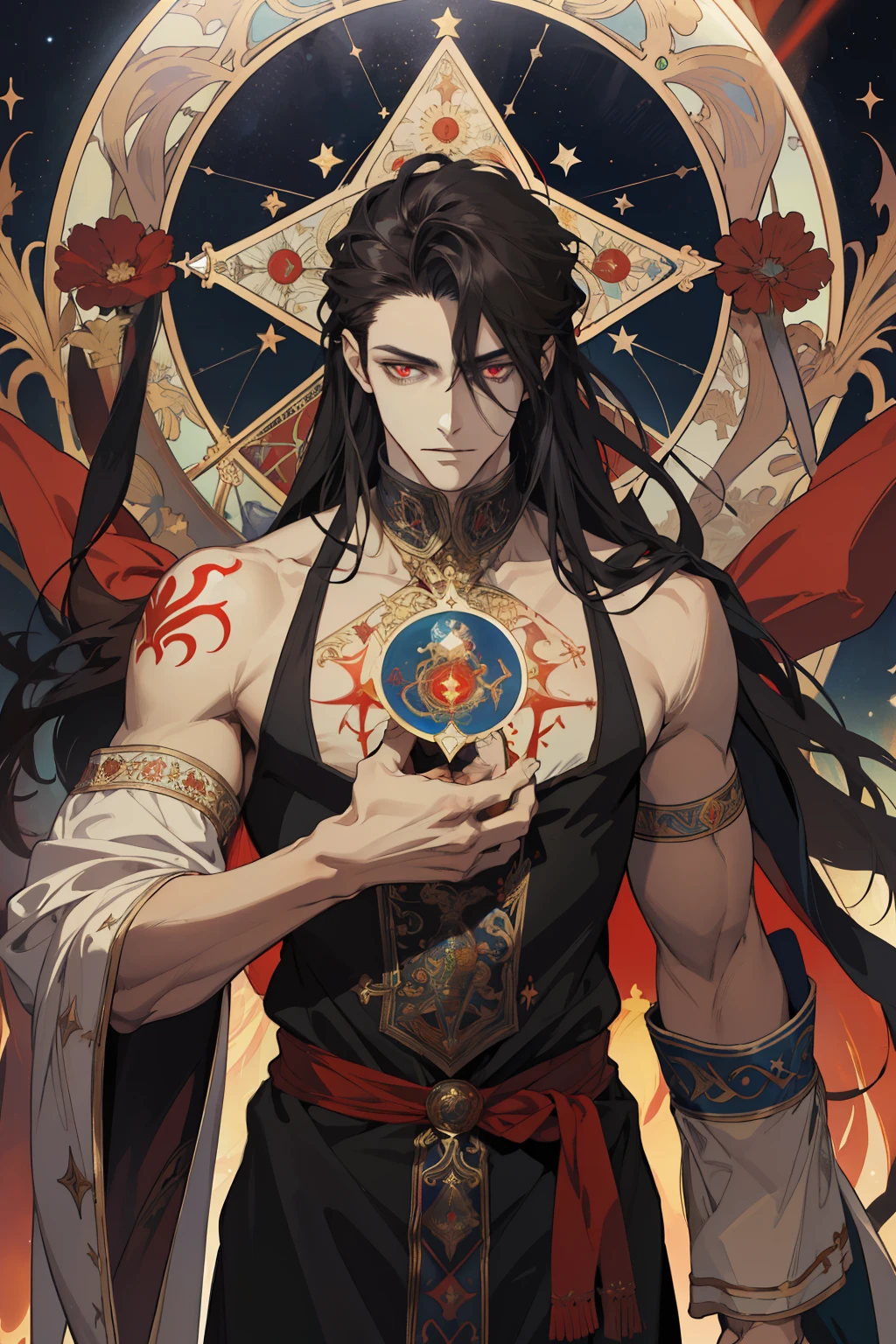 (absurdress, hight resolution, overdetalization), 1 male, grown up, cutest, tall muscular guy, wide shoulders, Detailed eyes and detailed face, beating magic, Winding flame, (Masterpiece, Side light, Fine Beautiful Eyes: 1.2), HDR, (Glowing Red Eyes)), (glowing tattoo), Handsome long-haired man, black hair, musculature, Sateen, a handsome, facing the camera, Masterpiece Durak \tarot\, bard, clown, Symbolism, visual art, occultism, Universal, Vision Casting, Philosophical, Iconography, Numerology, Popularity, an artistic, by Alphonse Mucha
