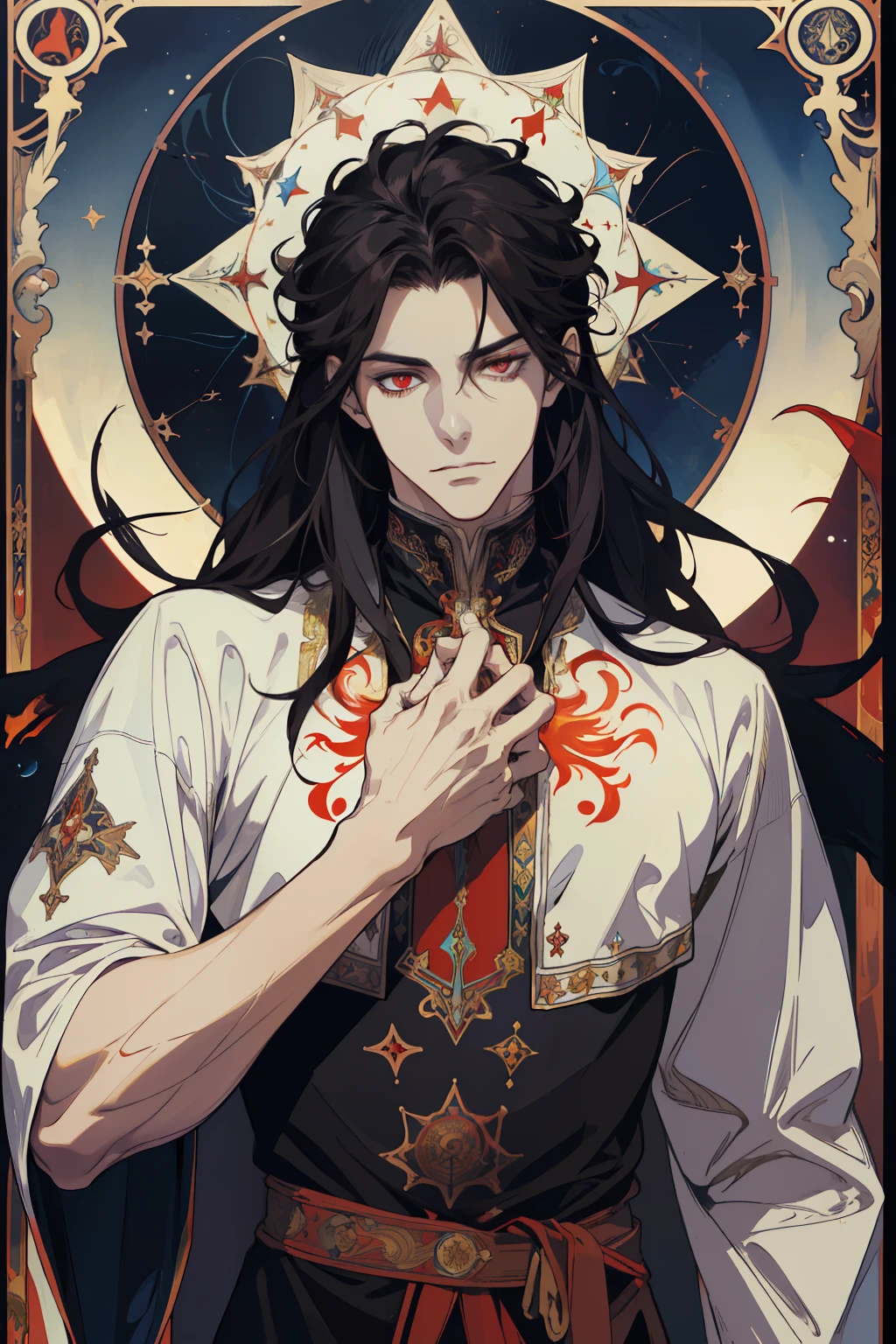 (absurdress, hight resolution, overdetalization), 1 male, grown up, cutest, tall muscular guy, wide shoulders, Detailed eyes and detailed face, beating magic, Winding flame, (Masterpiece, Side light, Fine Beautiful Eyes: 1.2), HDR, (Glowing Red Eyes)), (glowing tattoo), Handsome long-haired man, black hair, musculature, Sateen, a handsome, facing the camera, Masterpiece Durak \tarot\, bard, clown, Symbolism, visual art, occultism, Universal, Vision Casting, Philosophical, Iconography, Numerology, Popularity, an artistic, by Alphonse Mucha