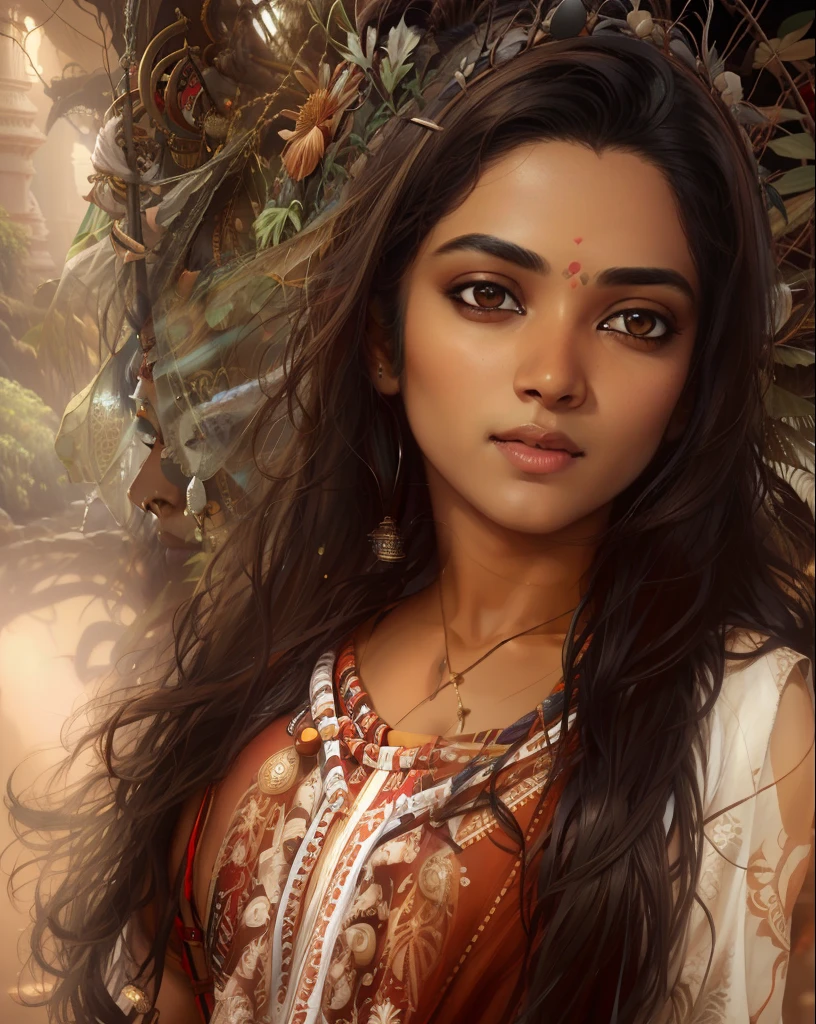 Btflindngds, a sexy Indian girl, brown eyes, bindi, full-body shot, photorealistic painting by artgerm and greg rutkowski, realistic, portrait, (samikshavad:0.3), (cinematic:0.4) lighting