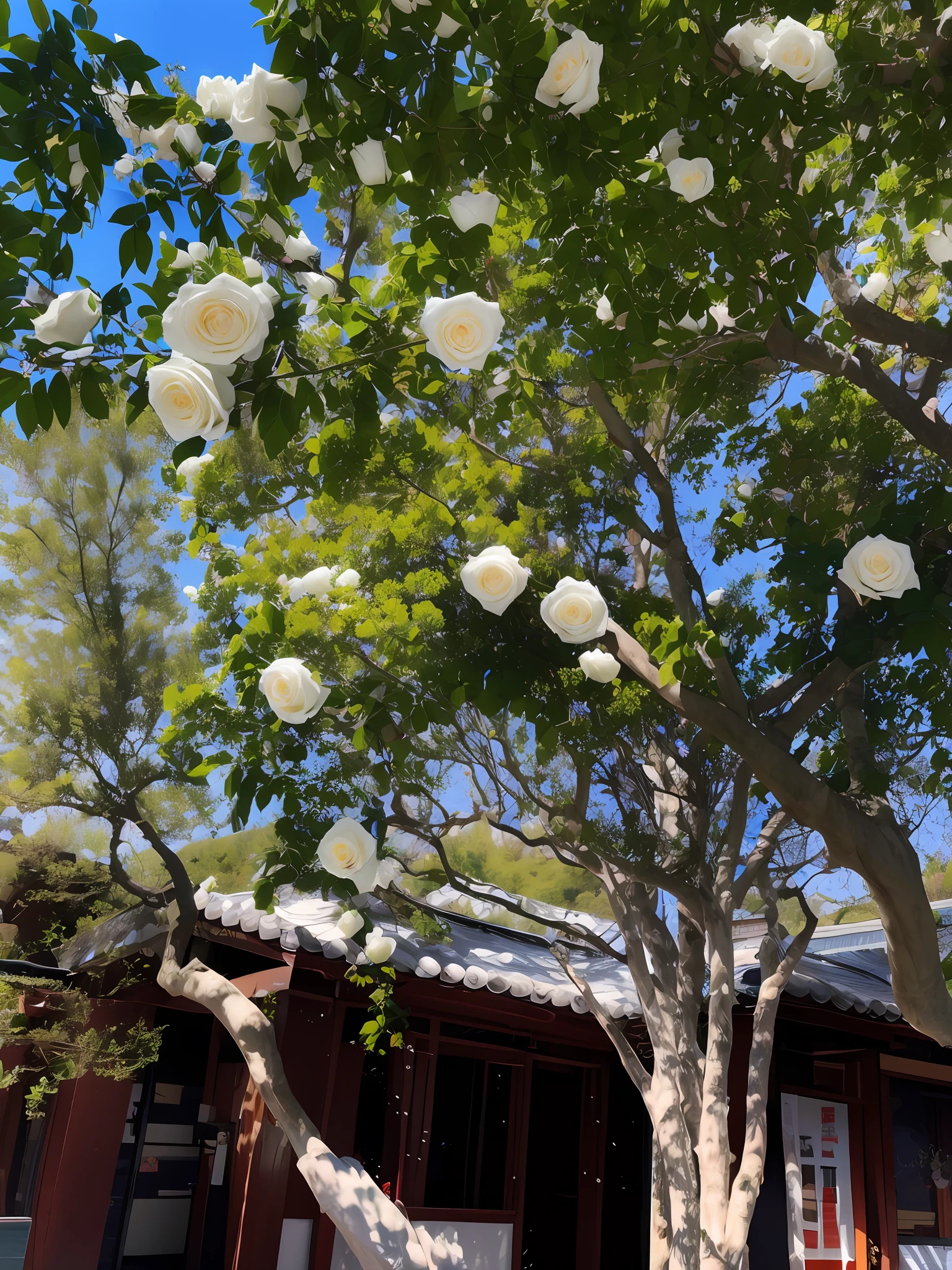 White roses hang from the trees in front of the building, Huge white roses, lush trees and flowers, Incredibly beautiful, Flowers and trees, trees and flowers, detailed trees in bloom, inspired by Miyagawa Isshō, look from down