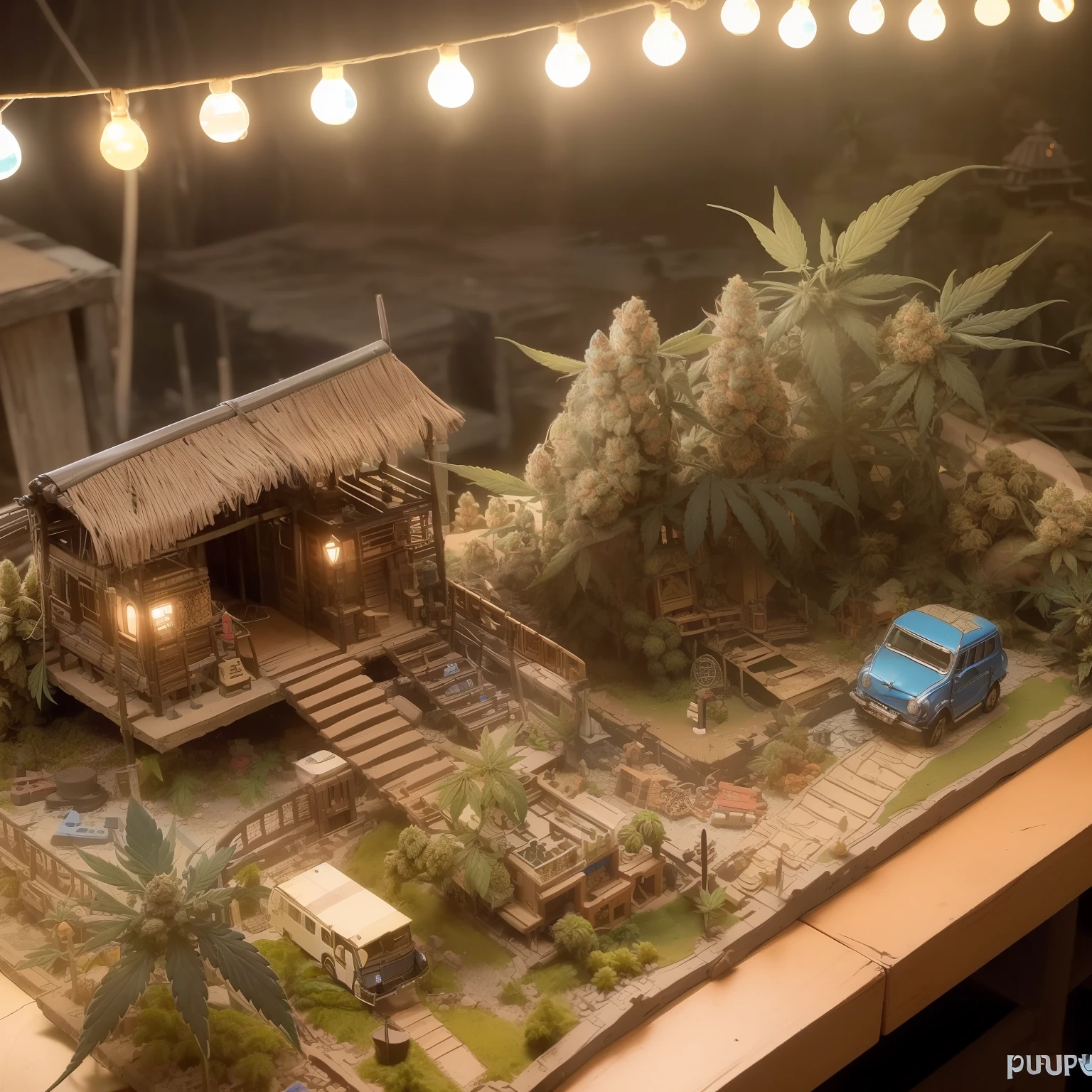 mini\(ttp\), (8k, RAW photo, best quality, masterpiece:1.4),(cannabispunk:1.5),Lots of connecting pipes,(balipunk:1.5),(balipunk light:1.2),on desk,in a miniature box,isometric, miniature, landscape on foundation