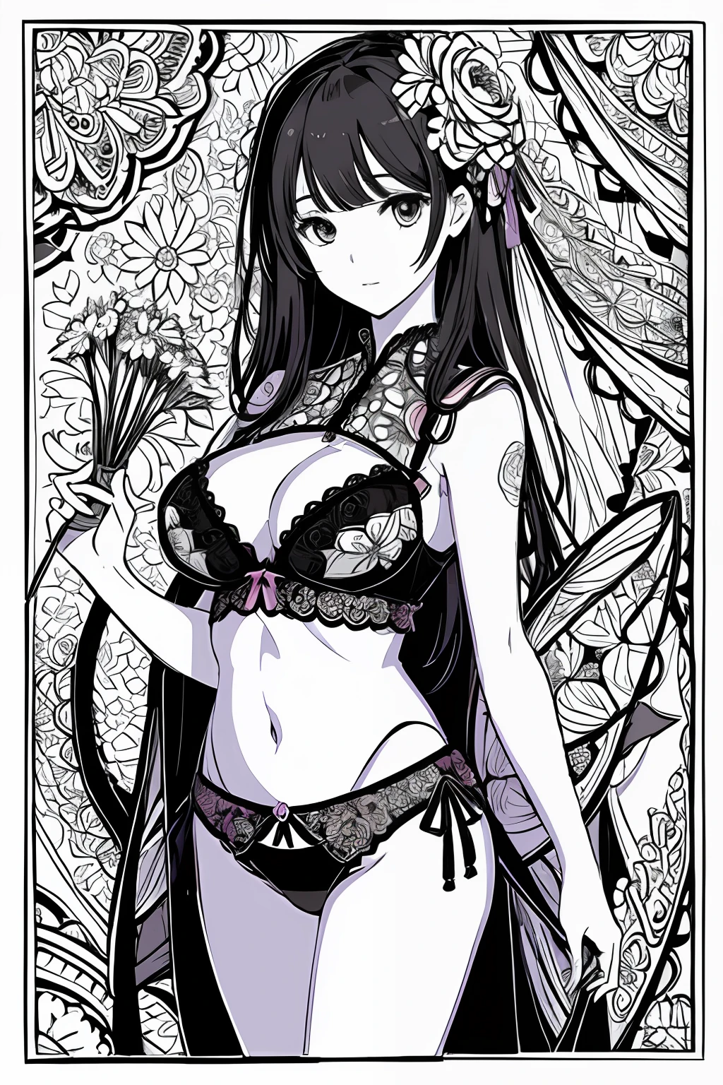 Masterpiece, (nakeness:1.2)，(Lingerie transparent:1.2)，Best quality, (Detailed background), High contrast, 1 girl, Mandala style flower background, (bunch of flowers:1.3), (zentangle:1.2), (geomerty:1.2) Sketch, monochrome, Clean line drawings for coloring books