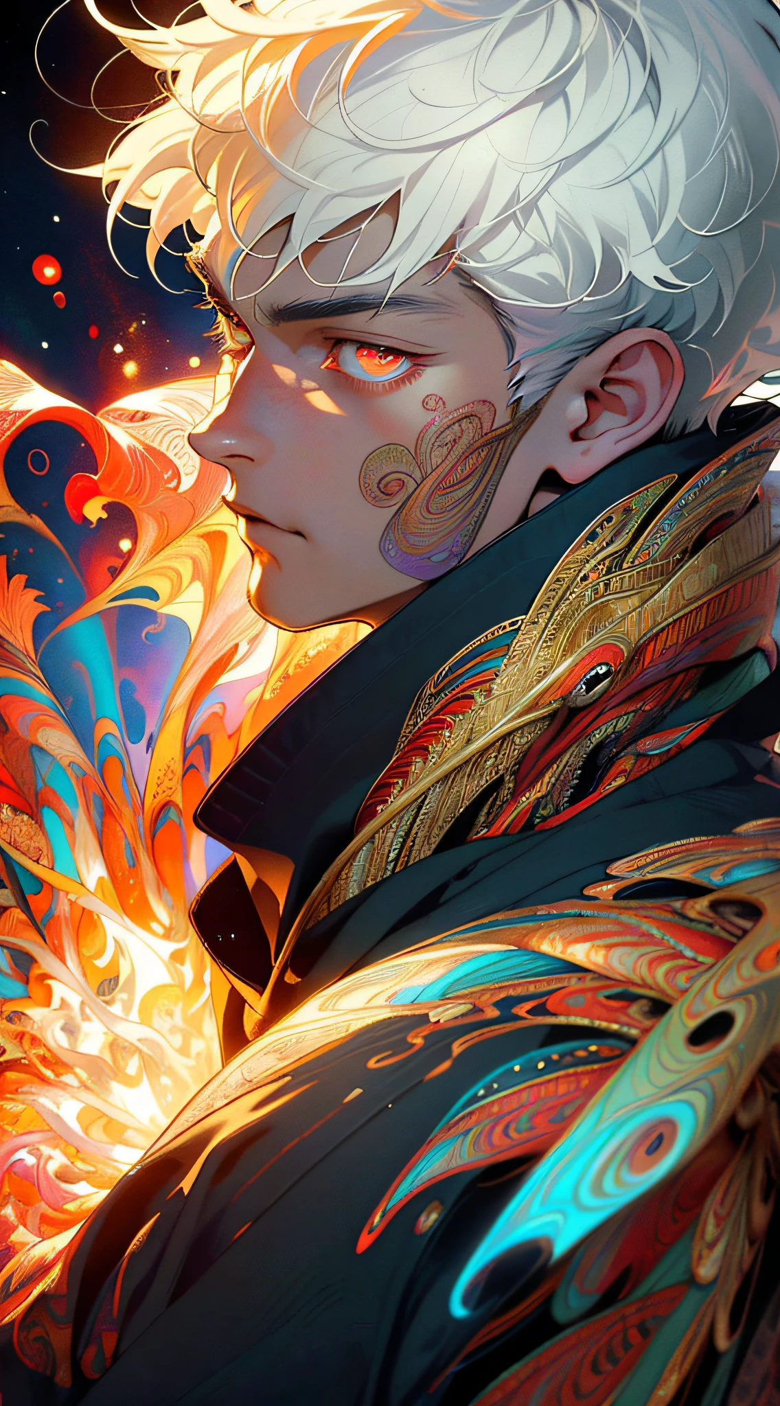 Realistic, (Masterpiece, Top Quality, Best Quality, Official Art, Beauty and Aesthetics: 1.2), Very Detailed, Fractal Art, Colorful, Most Detailed, Zentangle, (Abstract Background: 1.5) (1boy: 1.3), God, White Hair, Short Hair, (Glowing Red Eyes), Mysterious, (Magic), Ice, Handsome Man, Egyptian Style