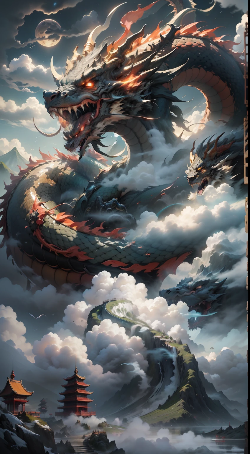 A huge dragon like a mountain devours the sun and the moon, its figure appears in the clouds, the black water is surging, (the waves rush to the sky), the fairy mountain island, (the pavilion is in the clouds in mid-air), ((clouds and mist)), roaring, fierce, ((Chinese mythology)), high quality, ultra-fine, detailed, accurate, (masterpiece), master work, (16k resolution), movie lighting, dynamic perspective
117/2000