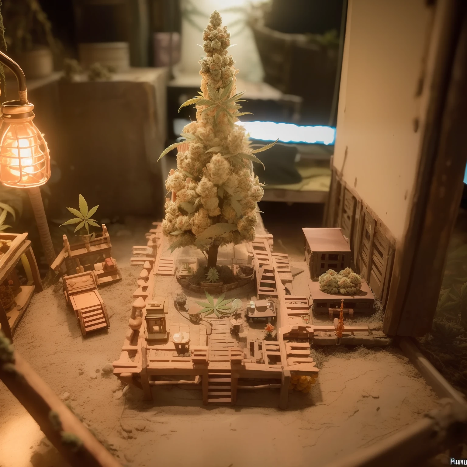 mini\(ttp\), (8k, RAW photo, best quality, masterpiece:1.4),(cannabispunk:1.5),Lots of connecting pipes,(balipunk:1.5),(balipunk light:1.2),on desk,in a miniature box,isometric, miniature, landscape on foundation