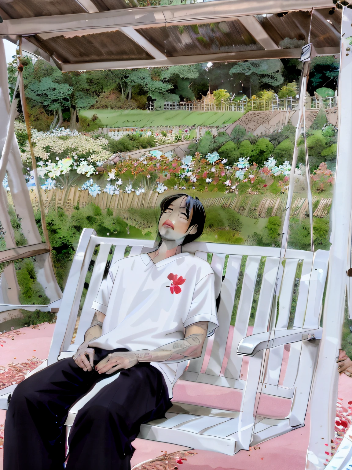There is a man sitting on a swing in the park, at park, he is very relaxed, park in background, with a park in the background, relaxing after a hard day, relaxed poses, with a park in the back ground, Inspired by Bian Shoumin, Sleepy expression, sitting with flowers, Relaxed, In Park，Generate comic style。