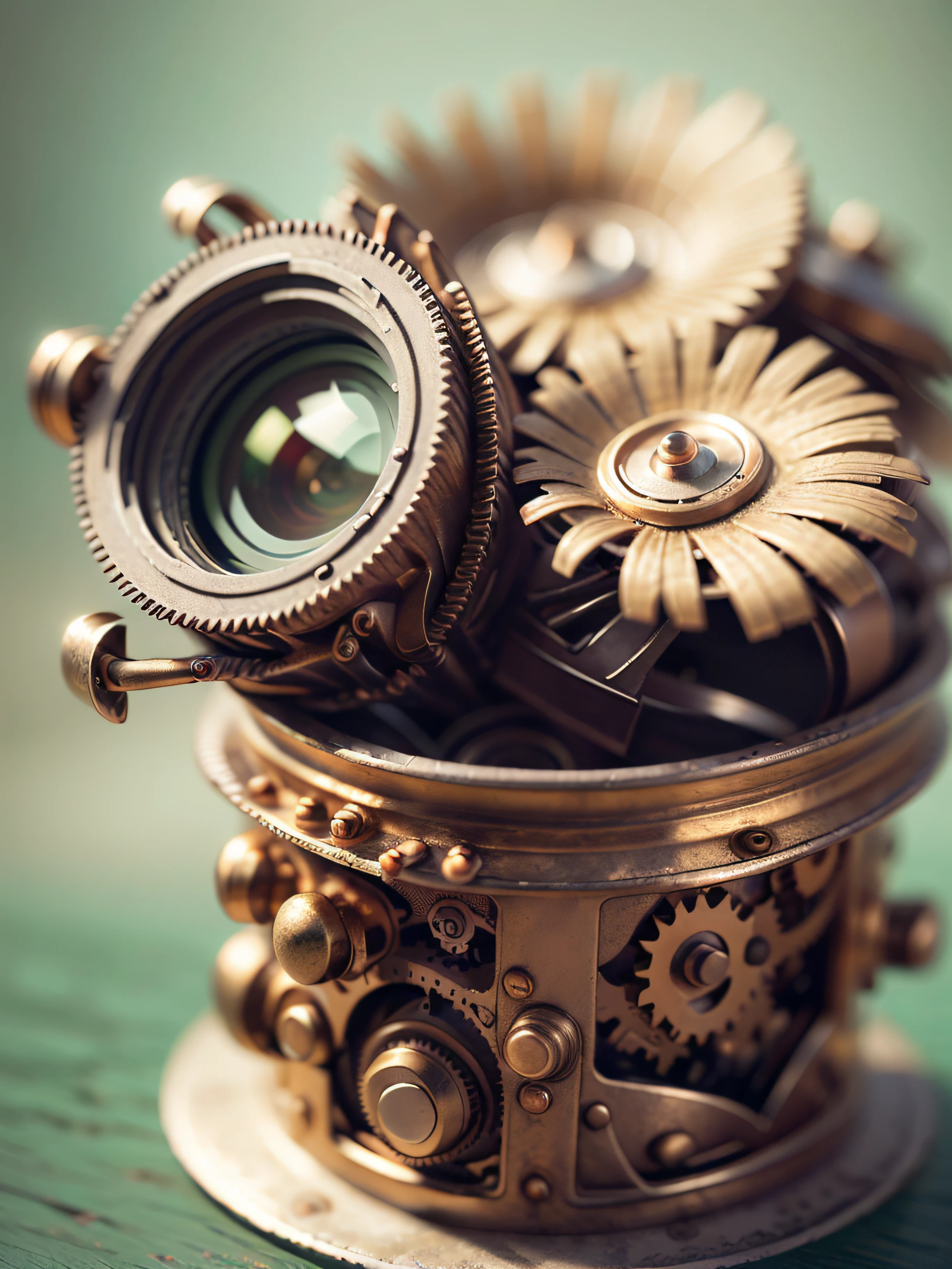 close up photo ((orthogonal front view)) of a compact still life with steampunk style flower, a jewelry are on it, etc. RAW, analog style, cinematic lighting, contrast lighting, dslr, photorealistic, hyperrealistic, neutral colors, lifelike texture, insanely intricate details, amazing fine detail, hyper detailed, film grain, sharp focus, volumetric fog 8k, ultra high res, photographed with Nikon d5600 f5.6 lens 500mm, Kodak portra 400