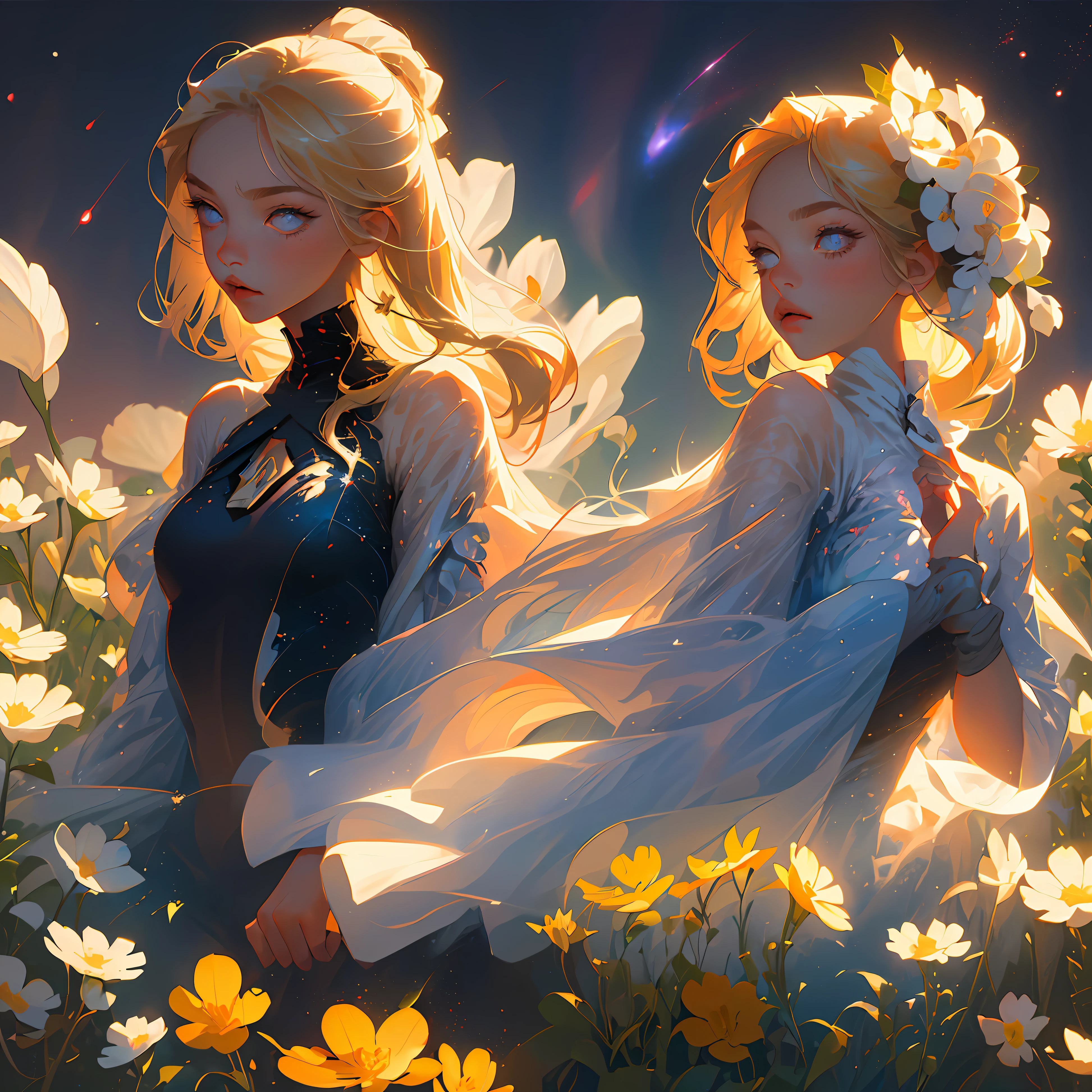 "(Best quality and masterpiece) A picture featuring a two girl in a dynamic pose, surrounded by particles and a gentle breeze. She is adorned with flowers in her hair, against a simple background. Her gaze is directed towards the viewer. She has blonde hair that glows like a galaxy under neon lights, blue flowers"