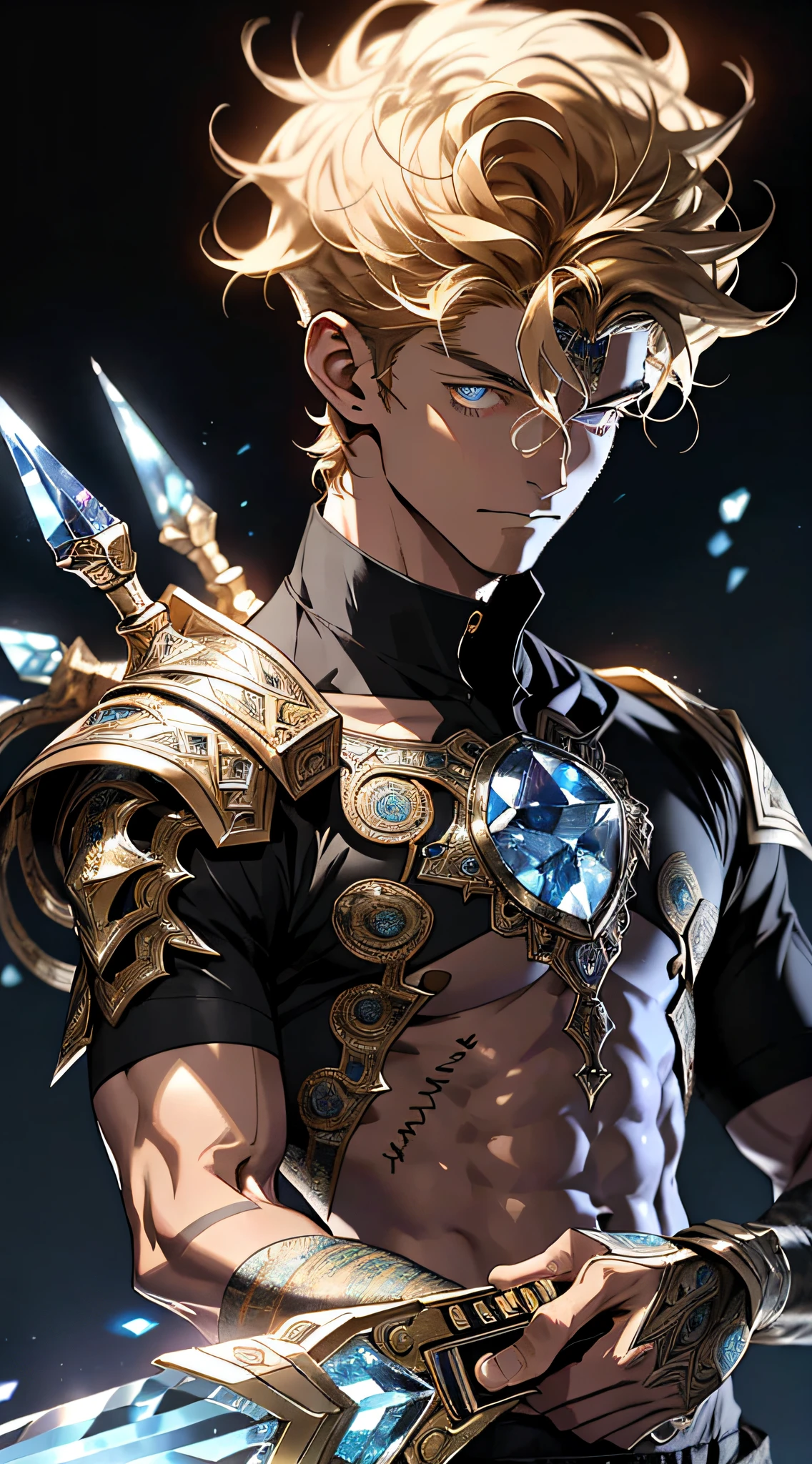 Realistic, (Masterpiece, Top Quality, Best Quality, Official Art, Beauty and Aesthetics: 1.2), Very Detailed, Fractal Art, Colorful, Most Detailed, Zentangle, (Abstract Background: 1.5) (1boy: 1.3), God, Blonde Hair, Short Hair, (Glowing Blue Eyes), Pectorals, Abs, Mysterious, (Magic), Crystal, Handsome Man, Knight, (Huge Crystal Shield), (Crystal Sword)
