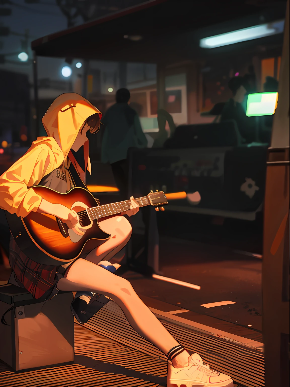 The beauty sits on the bench,holding guitars,wearing a hoody, Girl playing guitar, Woman playing guitar, plays the guitar, plays the guitar, Improvise music, guitarists, Play guitar on the road, musician, singer songwriter,,plays the guitar, Portrait shooting, the guitar player, guitar solo, holding guitars