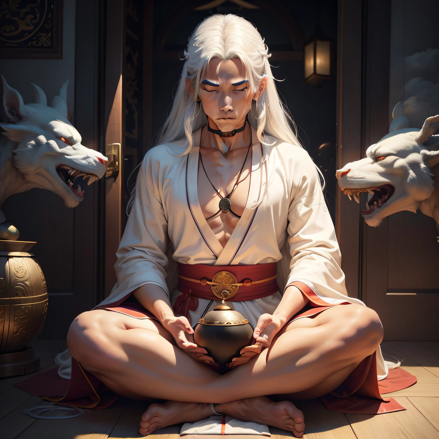 Taoist,Calm and restrained,Mysterious monks,年轻,Clouds surround,Higher level,Bagua Talisman Pattern,Cultivate the Mind,Magic Techniques,Immerse yourself in practice,White robe with long hair,The dragon appears,Gather your breath and concentrate,Open the door to the world