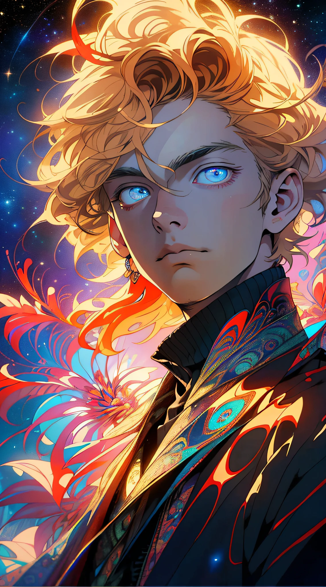Realistic, (Masterpiece, Top Quality, Best Quality, Official Art, Beauty and Aesthetics: 1.2), Very Detailed, Fractal Art, Colorful, Most Detailed, Zentangle, (Abstract Background: 1.5) (1boy: 1.3), God, Blonde Hair, Short Hair, (Glowing Blue Eyes), Mysterious, Starry Sky, Handsome Man, (((Lycoris radiata)))