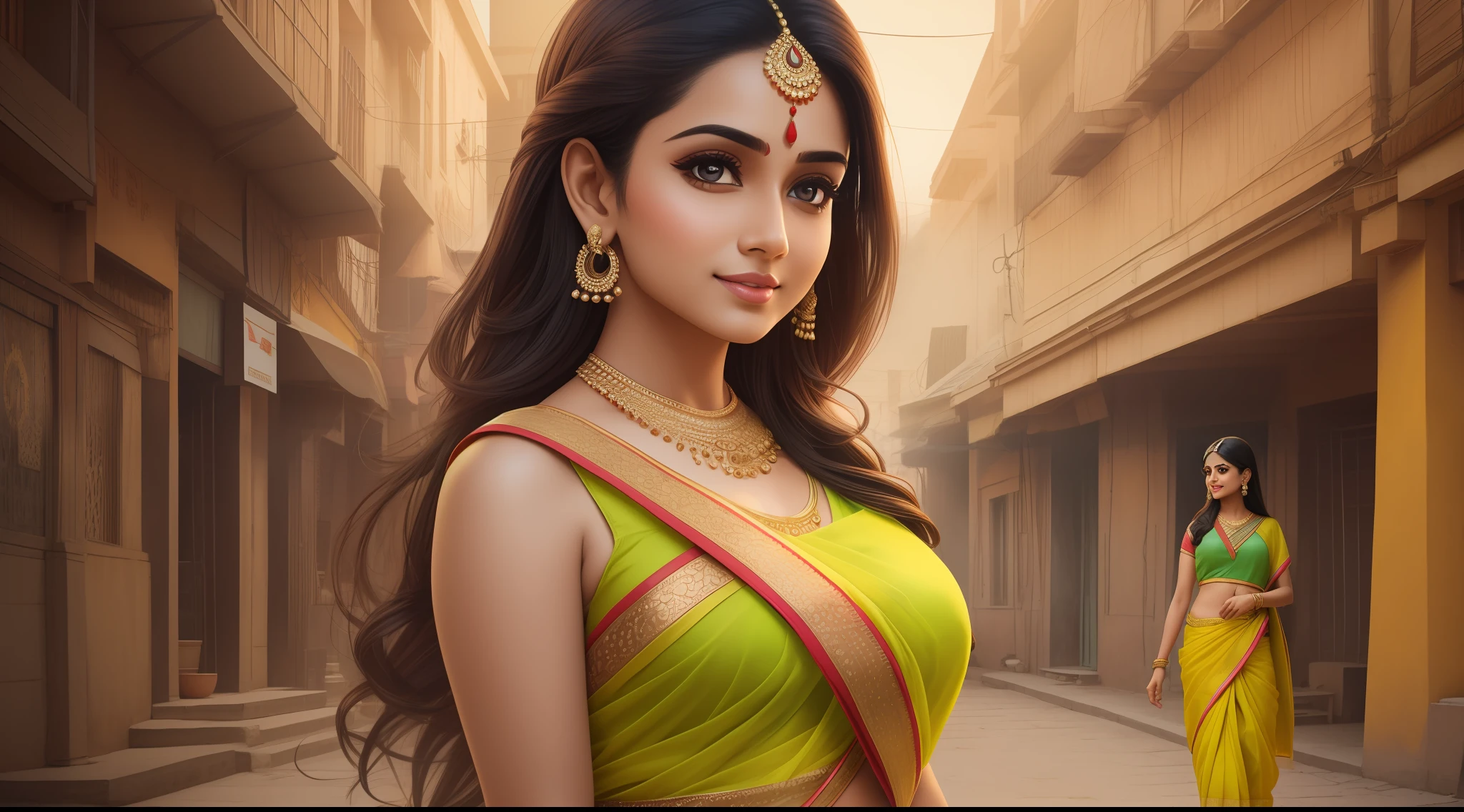 24-28 Years Old bollywood indian female fashion mode,fair skin,dressed Sari,yellow and red sari,madhubani art sari,sleeveless blouse,lower waist showing,big breasts,big ass,small waist,glowing skin,radiant skin,shiny hair,health hair,spotless face,humble eyes,big eyes,Happy expression on face,in the morning market,backlight, extremely realistic, 8k, insane details, intricate details, cinematic color graded,Color Grading, Editorial Photography, Photography,sharp focus, taken with a 60mm lens, ISO 300, f/4, 1/200th