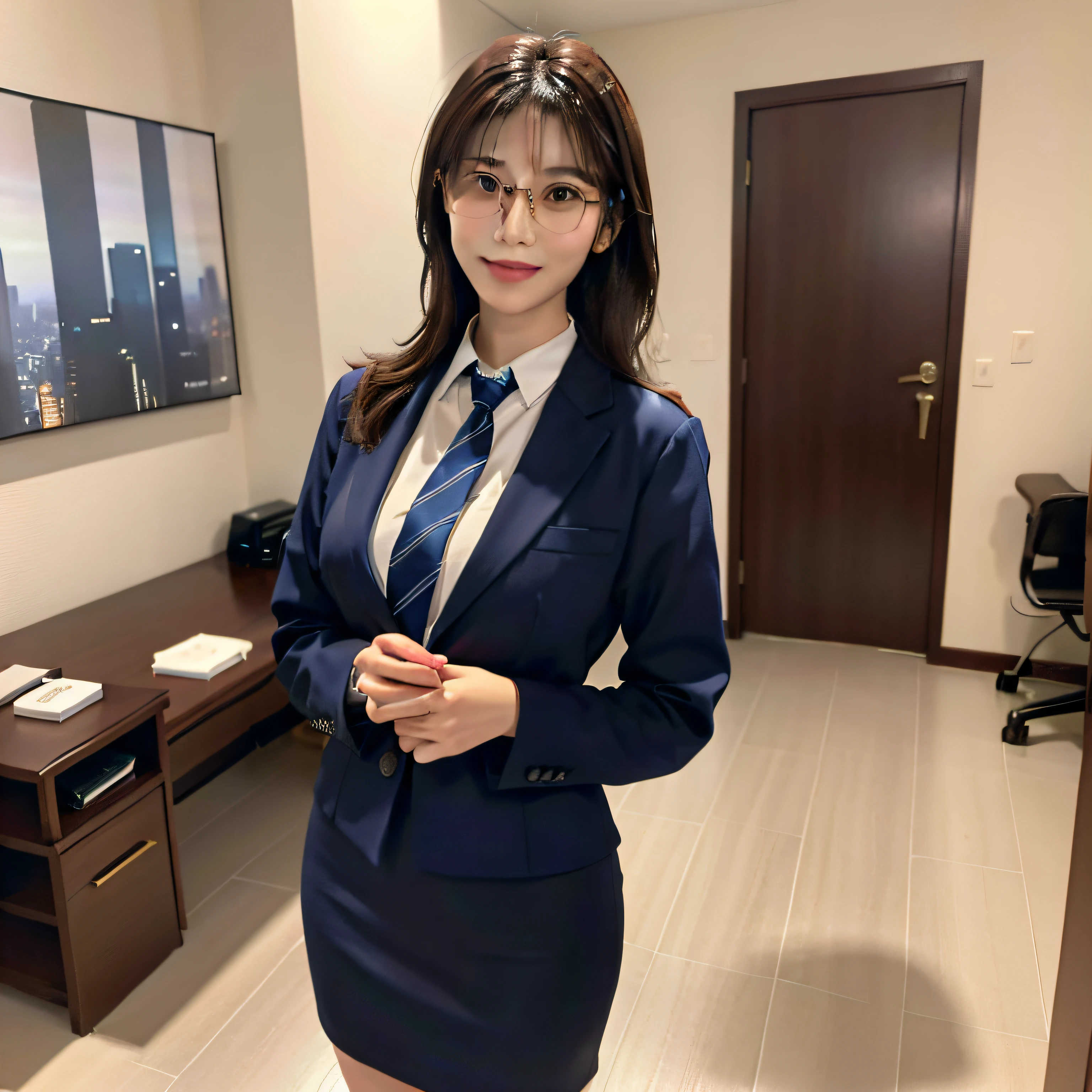 She is a young female digital human with a whole body,Has smooth brown hair,She wears a pair of modern and stylish glasses,The eyes are bright and expressive。The contours of her face are soft,With a smile,It gives a warm and friendly feeling。Wear professional attire in professional style,An elegant tie is tied around the shirt,Make her look professional and stylish,Moderate height,Her elegant and upright posture makes people feel her confidence and calmness。Her arm and body movements look natural and fluid,Make her very intimate and lively when interacting,HD,4K,8K,k hd,entire body image,ultraclear,Full body photo,Long legs,Feature photo