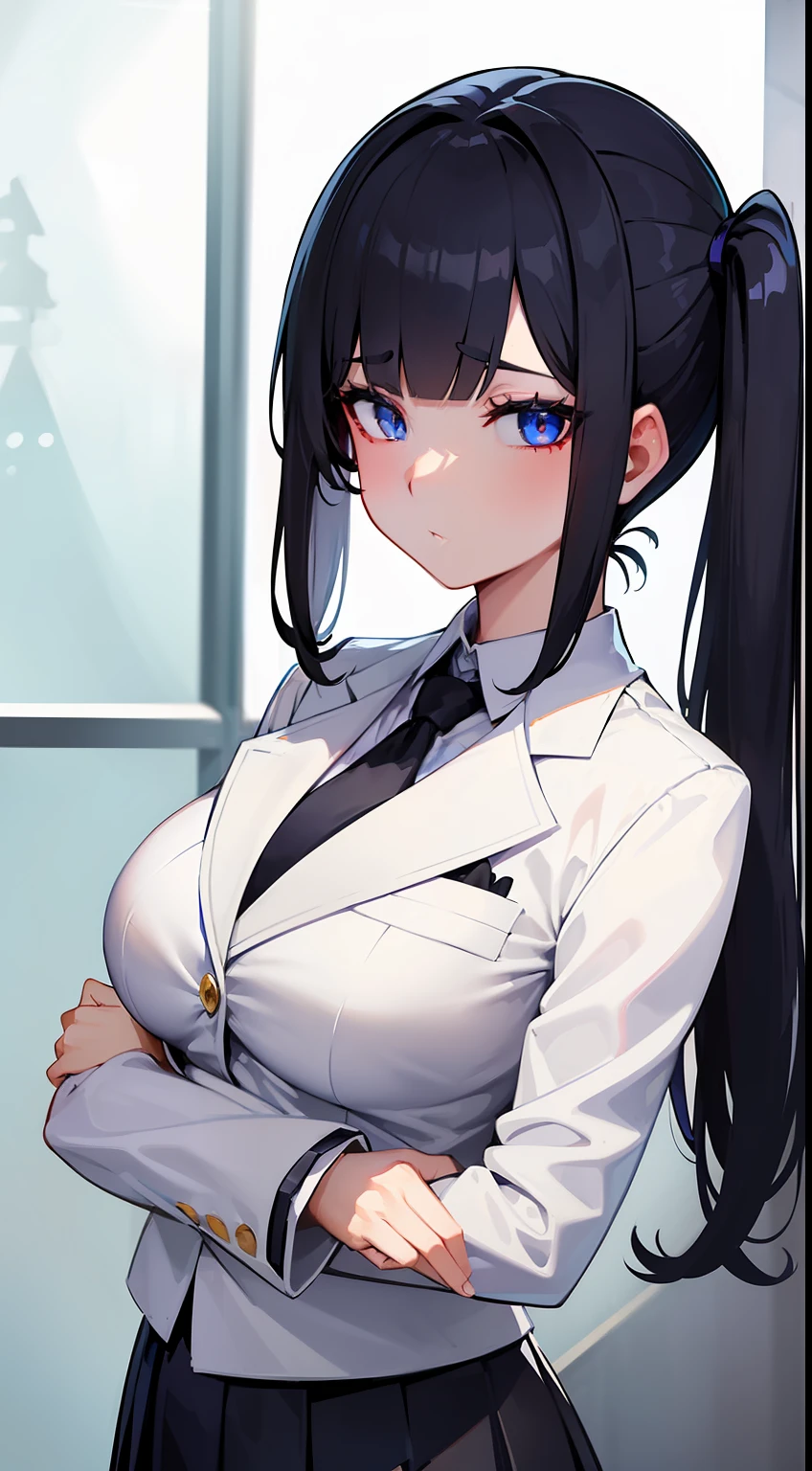 ​masterpiece、top-quality、hight resolution、profetional lighting、anime styled、Details of the face and clothes、Single-color background 、1womanl、Upper body shot from the front、Beautiful busty schoolgirl standing facing the front、(Mature face and body)、Turn your face and look straight ahead、(Wearing a white blazer、Wear a white jacket with long sleeves over a black shirt、Dark blue tie、Short black pleated skirt、Mesh Stockings)、(side swept bangs、Side bangs :1.3)、(Cool Face、blue eyess、Hanging eyes、A dark-haired、side ponytail of left :1.2)、Cross your arms、Tsundere