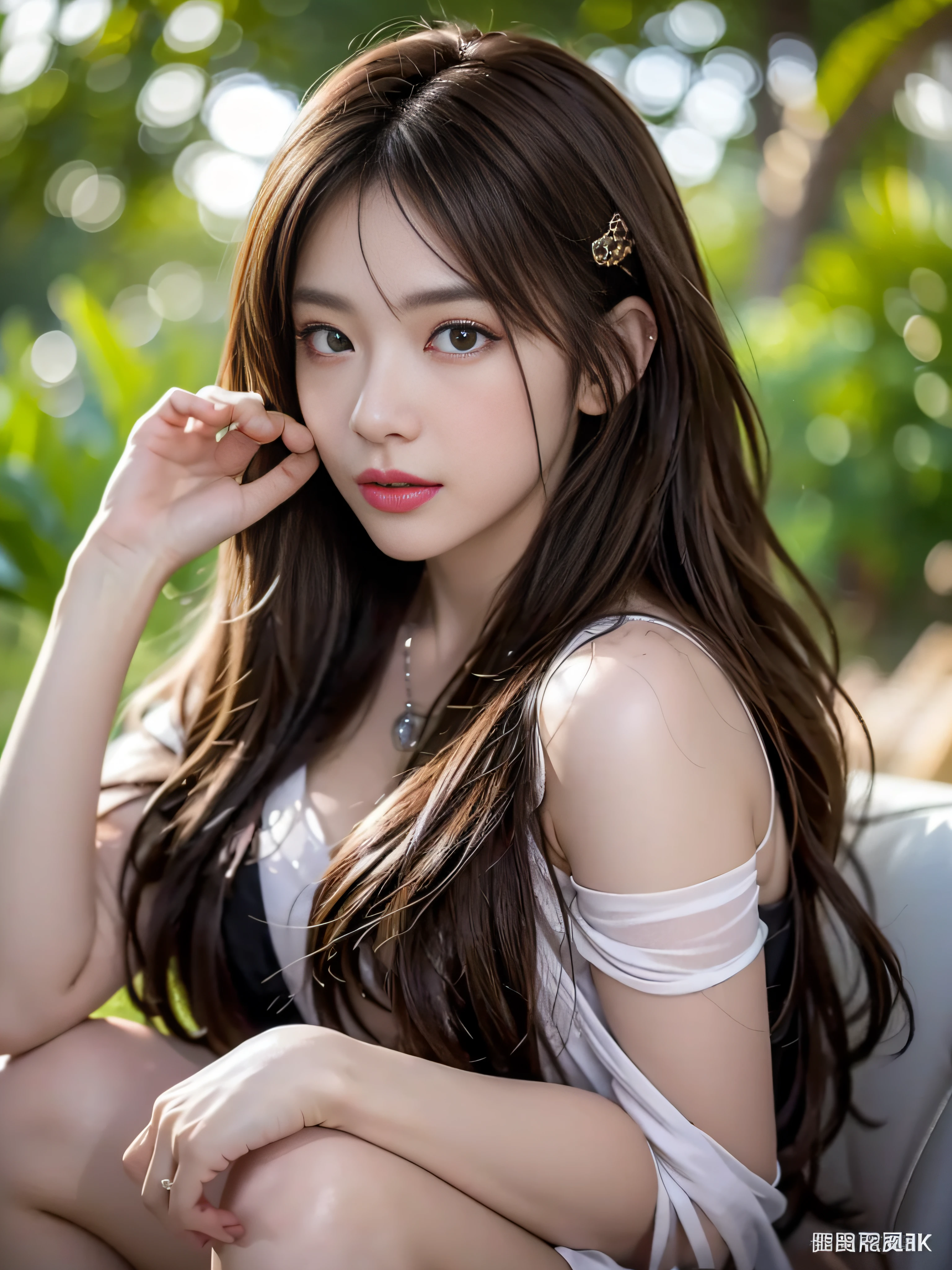 ((Realistic lighting、top-quality、8K、masterpiece:1.3))、Clear focus:1.2、NSFW:1.2,(nudde:1.2)、((realisitic)) , ((Real Light、top-quality))、Model body type:1.4、(dark brown hair、tits out:1.2)、dark-brown eyes、length hair、tropical rainforest、(24 year old:1.3)、hyperdetailed face、A detailed eye、二重まぶた、a necklace、Hair over one eye、high-heels、eye line、falls、