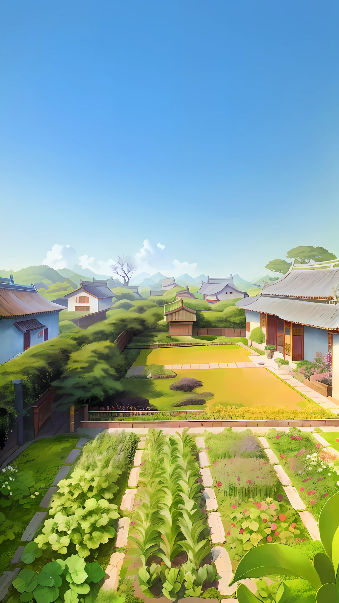 Chinese countryside in the 80s,Tiled house,There is a small garden,A lot of vegetables are grown inside, with a garden, suburban garden, sonoko, with a garden as foreground,idyllic and fruitful land,Sunnyday,Warm summer,art illustration,Landscape art,wide angles,Faraway view,Works of masters,Anime background art,ghibli studio art,beautiful digital painting