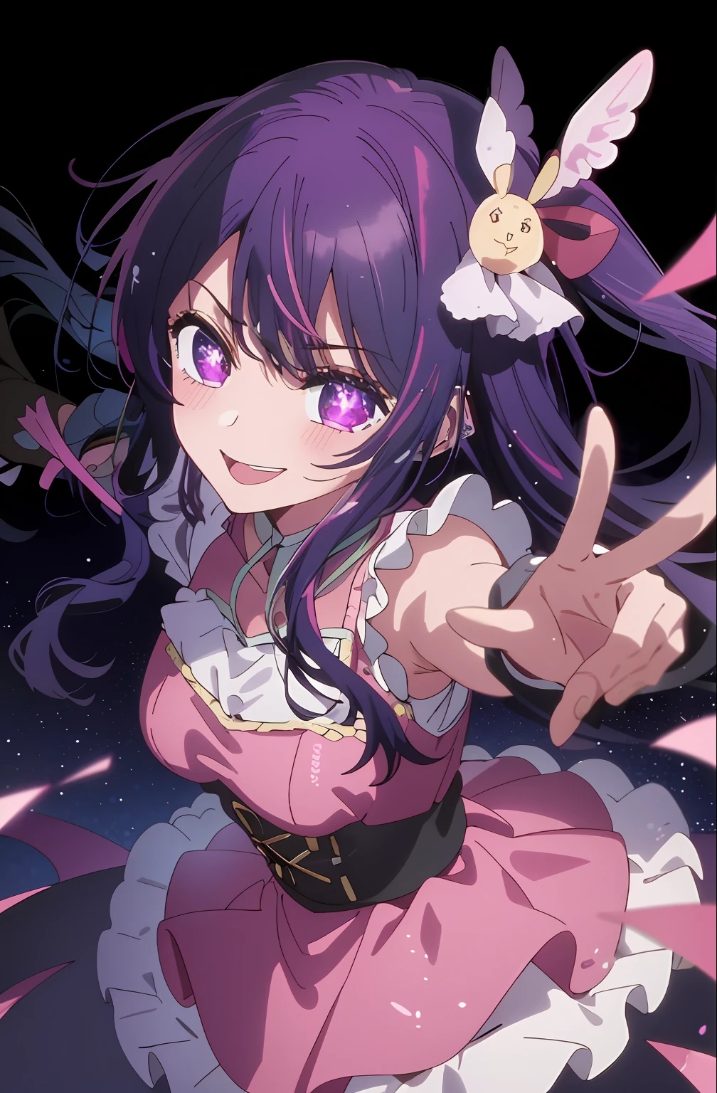 masterpiece、ighly detailed、(1 girl in:1.2)、purple color hair、pink dress、big eye、a closeup、Naughty smile、8K 、Ai Hoshino、Live performance venue
