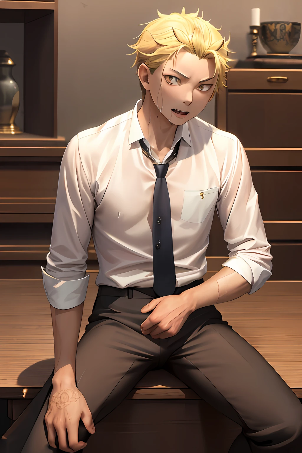 A high resolution， Sharp focus， Pixiv masterpiece， （（Complicated details））， highly  detailed， natsuki_subaru， 1 man， with her mouth open，full bodyesbian，sit astride， Golden eyes（eyes glowing）， blond hairbl， The shirt，Drenched，Gold tie，trousers，thongs，perspire，look from down