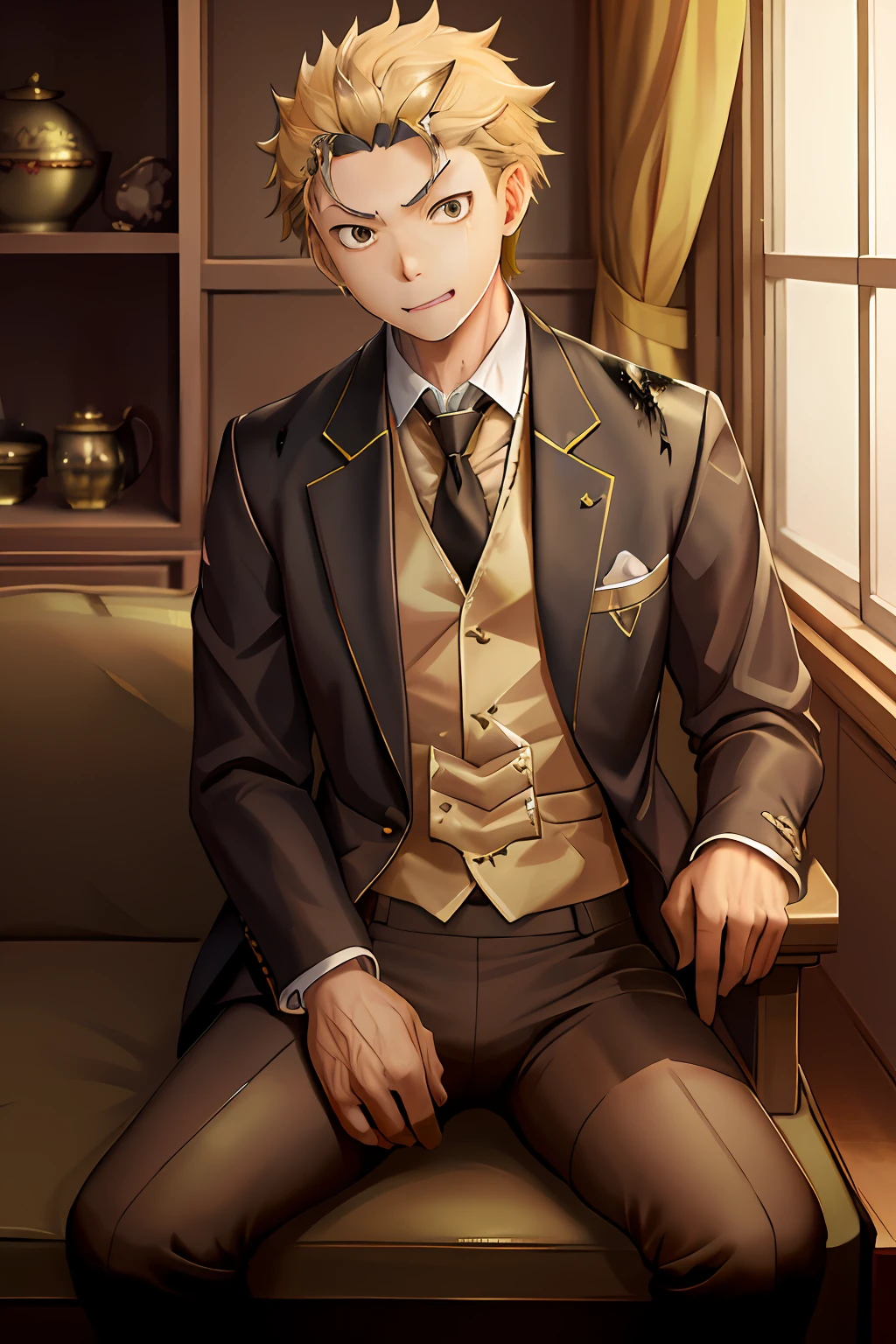 A high resolution， Sharp focus， Pixiv masterpiece， （（Complicated details））， highly  detailed， natsuki_subaru， 1 man， with her mouth open，full bodyesbian，sit astride， Golden eyes（eyes glowing）， blond hairbl， The shirt，Drenched，Gold tie，trousers，thongs，perspire，look from down