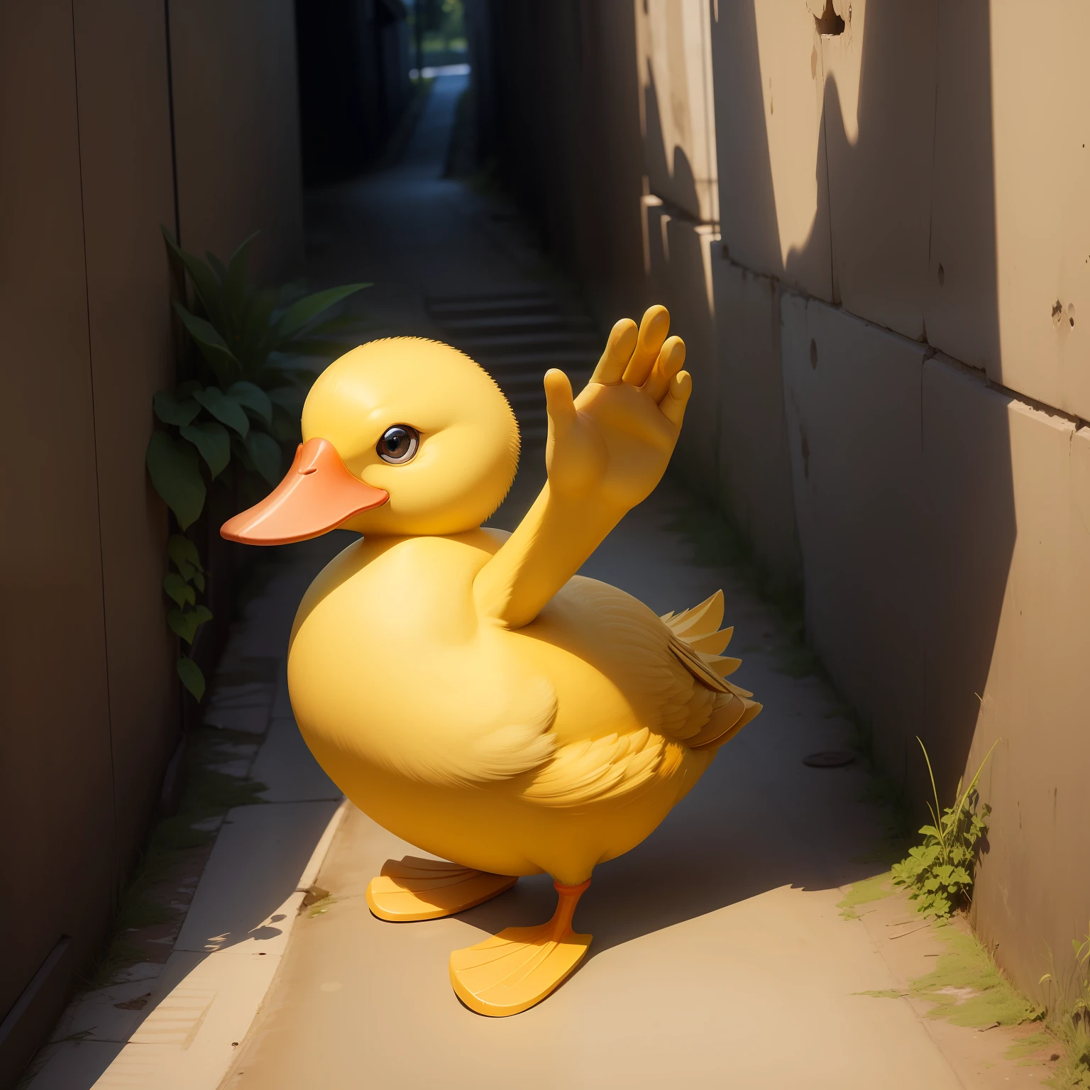 A yellow duck raising his hand, subindo escada