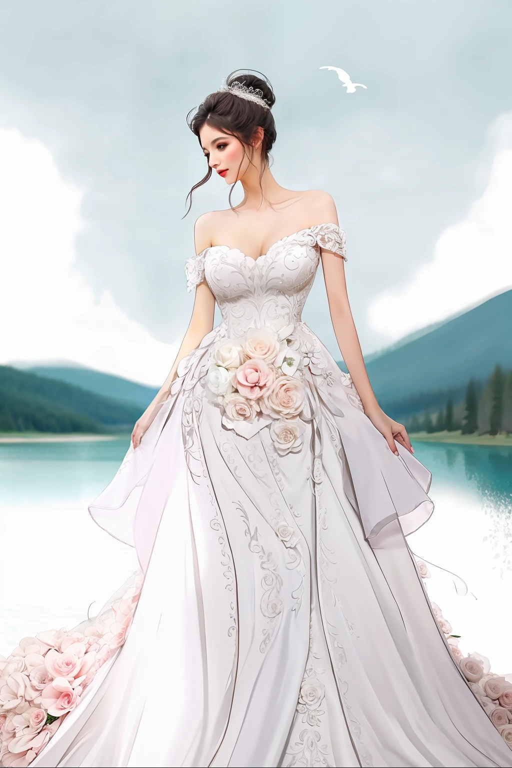 a girl is wearing a beautiful wedding dress, with a big lake in the background