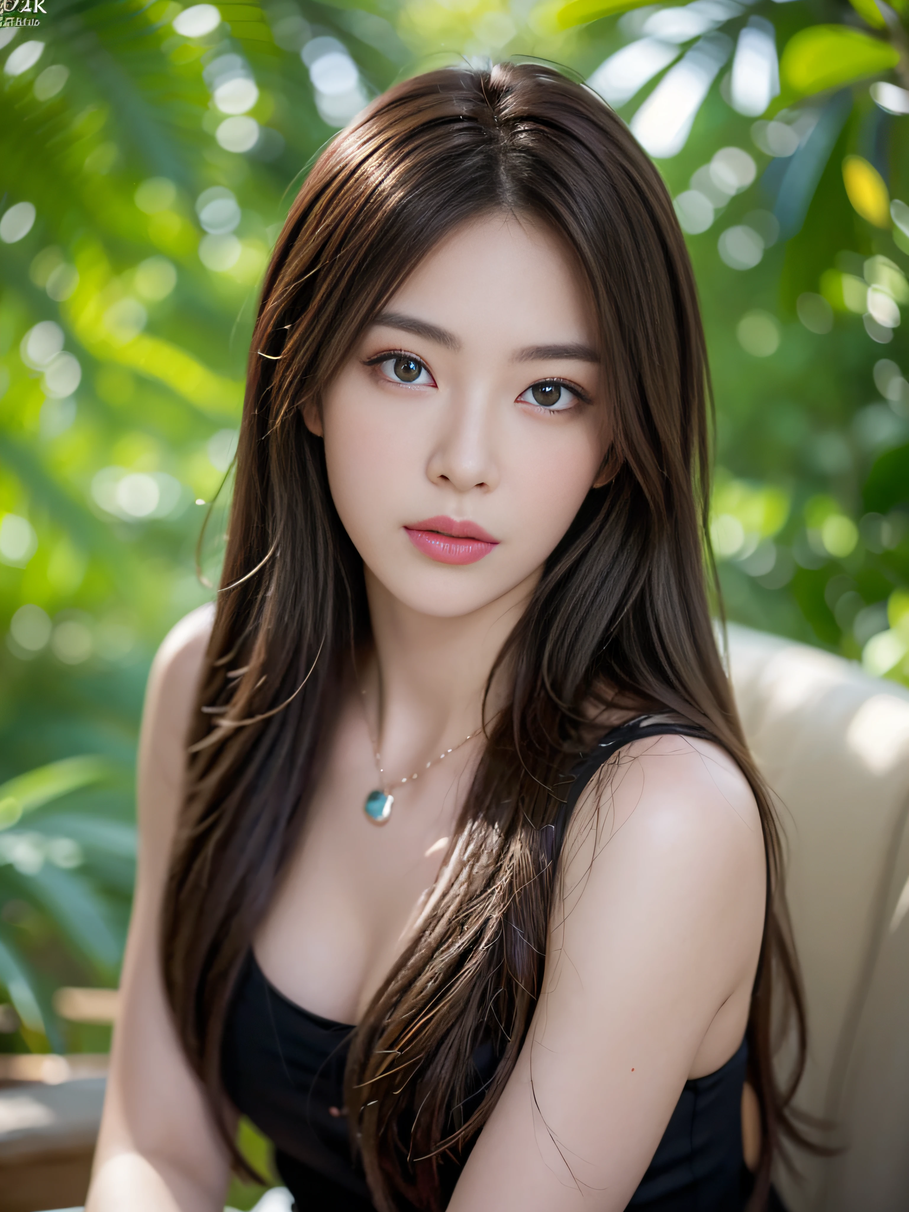 ((Realistic lighting、top-quality、8K、masterpiece:1.3))、Clear focus:1.2、NSFW:1.2,(nudde:1.2)、((realisitic)) , ((Real Light、top-quality))、Model body type:1.4、(dark brown hair、tits out:1.2)、dark-brown eyes、length hair、tropical rainforest、(24 year old:1.3)、hyperdetailed face、A detailed eye、二重まぶた、a necklace、Hair over one eye、high-heels、eye line、falls、waterside