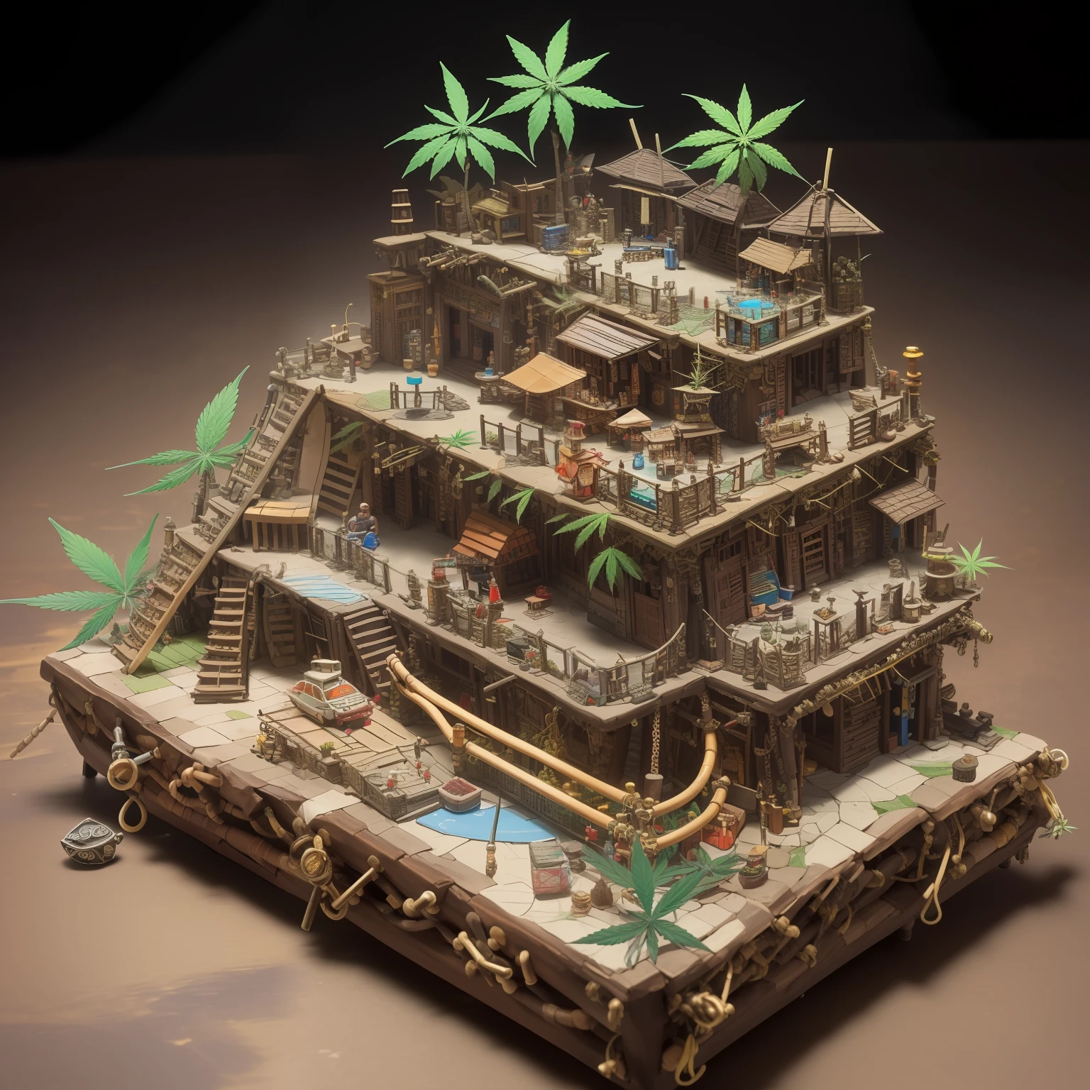 mini\(ttp\), (8k, RAW photo, best quality, masterpiece:1.4),(cannabispunk:1.5),Lots of connecting pipes,(balipunk:1.5),(balipunk light:1.2),on desk,in a miniature box,isometric, miniature, landscape on foundation