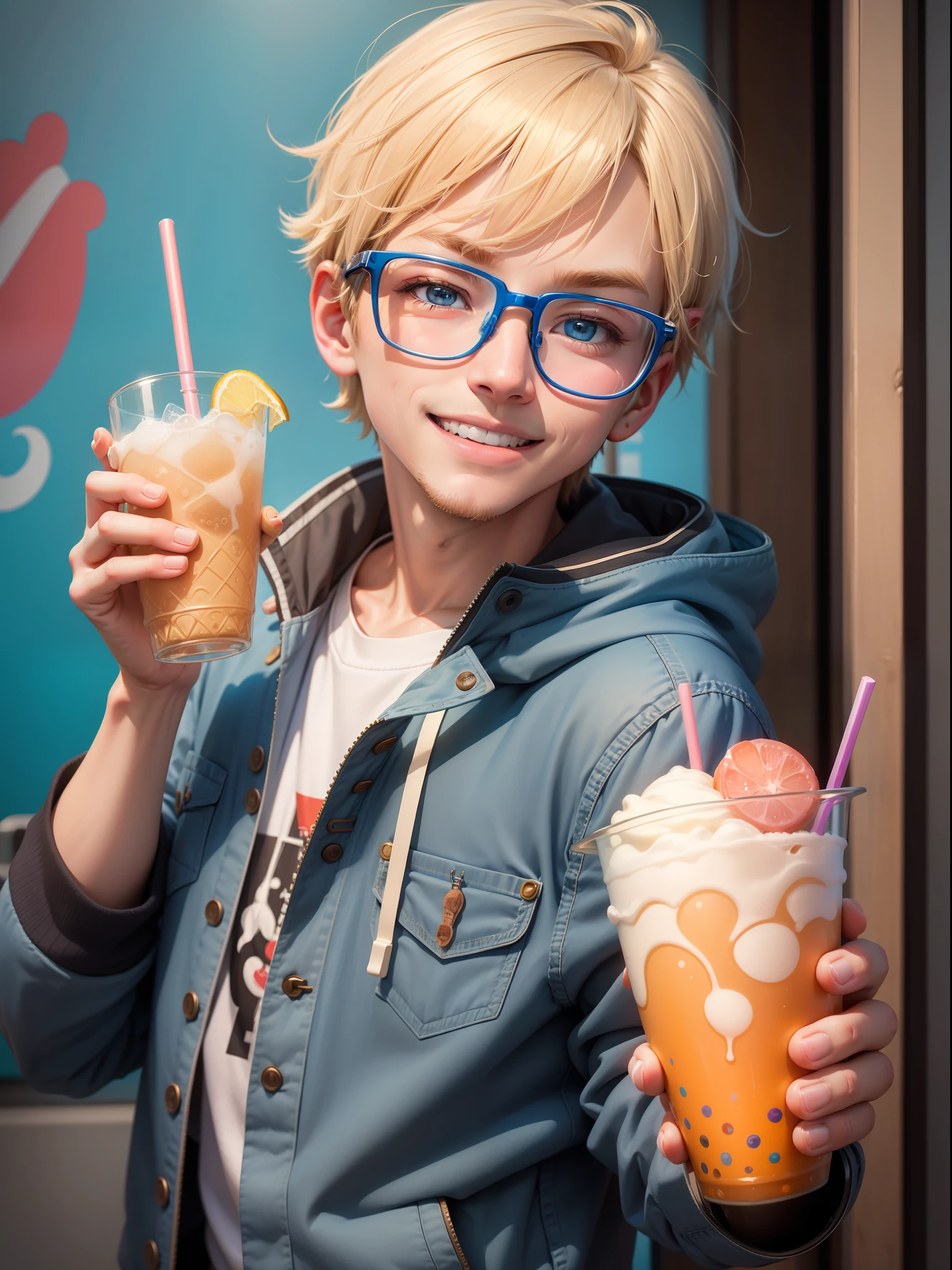 boy, boy, boy, smiling, smiling blonde with blue glasses and a blue jacket holding a drink, soda themed boy, medium shot portrait, with a straw, ice cream)), anime style mixed with fujifilm, nagatoro, drinking ice cream boba, closeup portrait shot, inspired by Hikari Shimoda, character photography, high quality portrait, 8k pixar photo, detailed portrait, casual photography