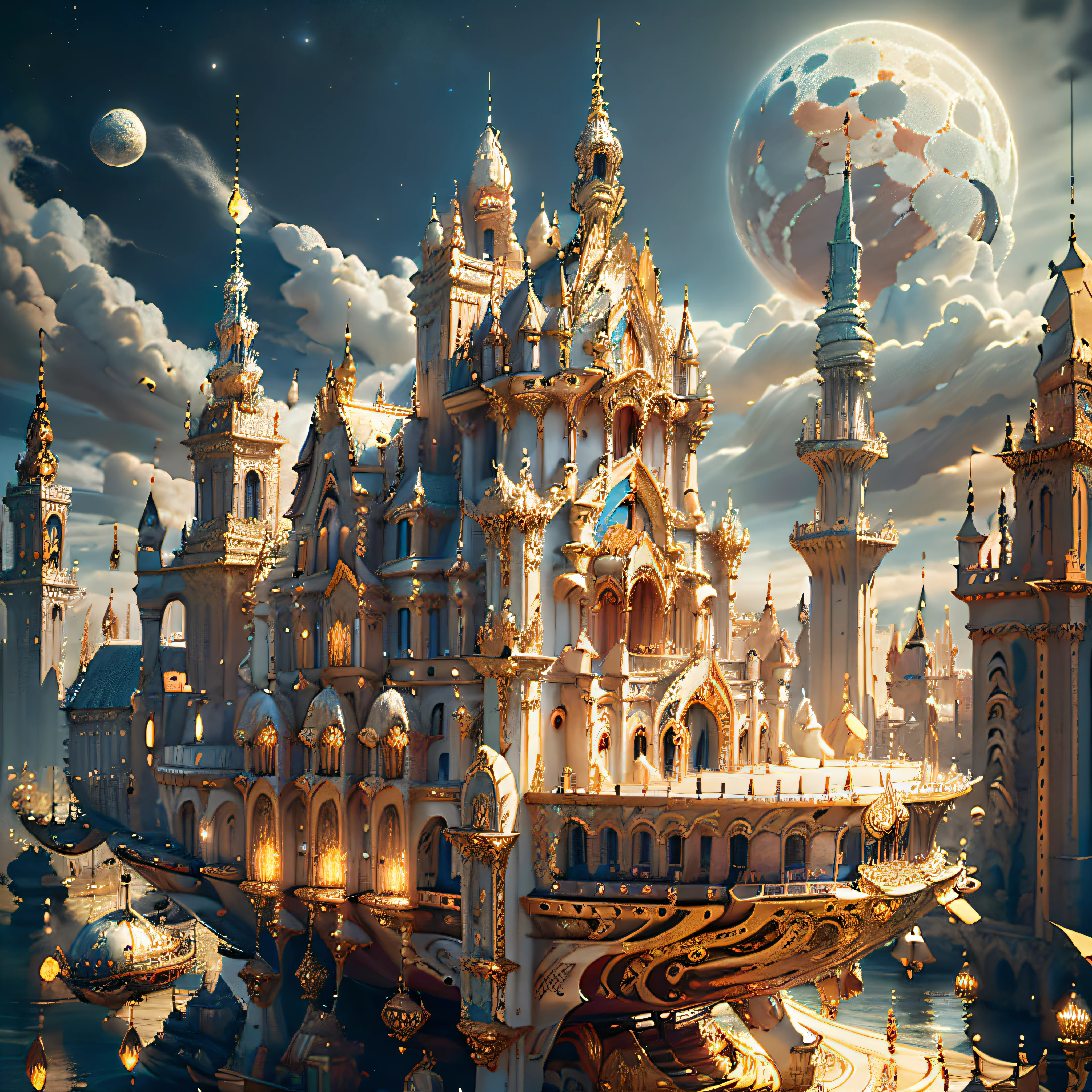 ((((Masterpiece)), Ivory Gold AI City at Night, Isometric, 3D rendering, Very high definition, High detail, There is a big clock on a plate in the water, gorgeous spaceship painting, 4K highly detailed digital art, gorgeous gilded space machine, golden steampunk city atmosphere, fantasy. gondola boat, shocking fantasy 3d rendering, futuristic persian palace, fantasy highly detailed, beautiful detailed fantasy, futuristic palace, detailed fantasy digital art, magic fantasy highly detailed