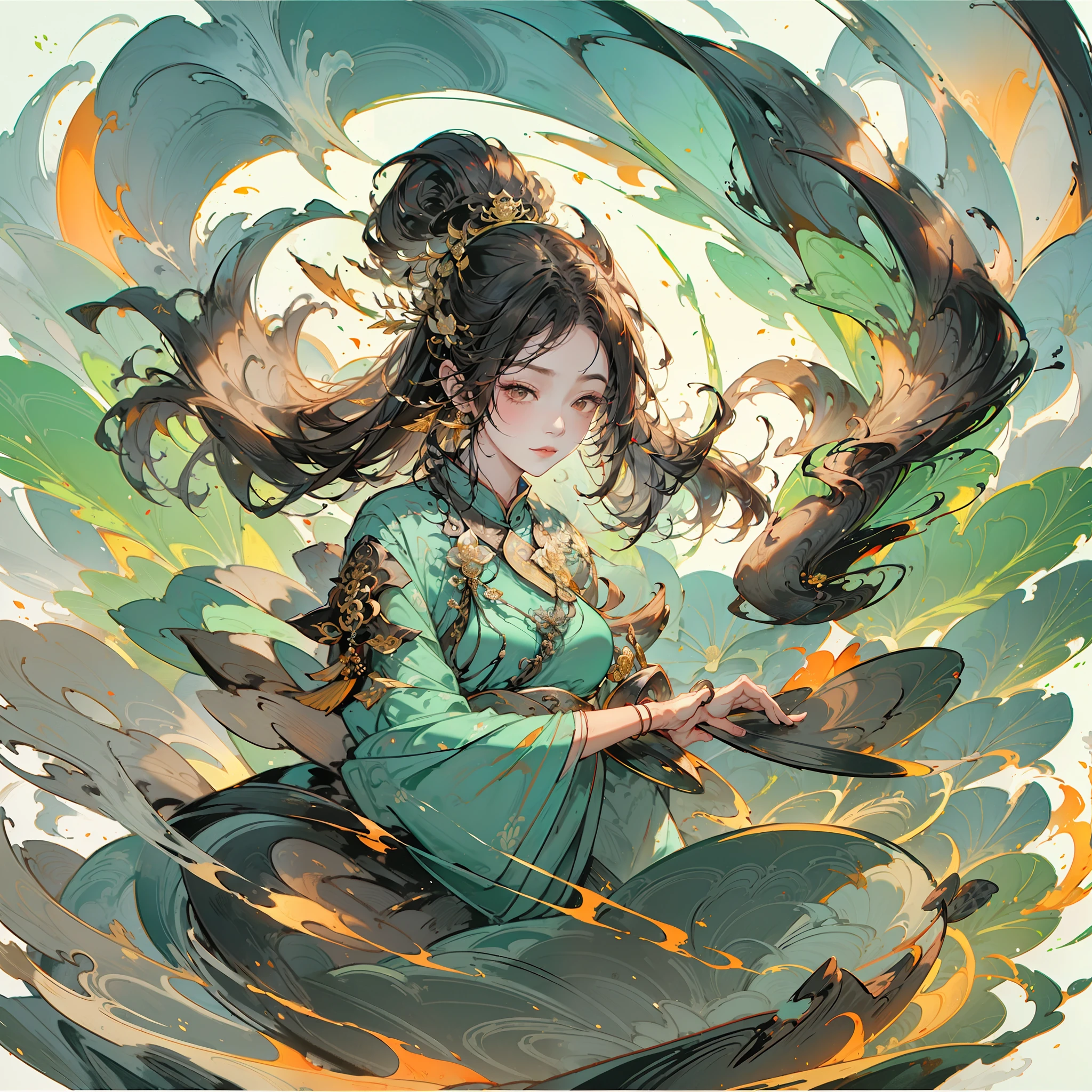 An ancient Chinese beauty sitting on a stone, wearing ancient Chinese clothing, flowing tulle, light silk, lazy posture, large lotus leaf, lotus, ink painting style, clean color, decisive cutting, blank, freehand, masterpiece, super detailed, epic composition, high quality, the highest quality, 4k --v 6