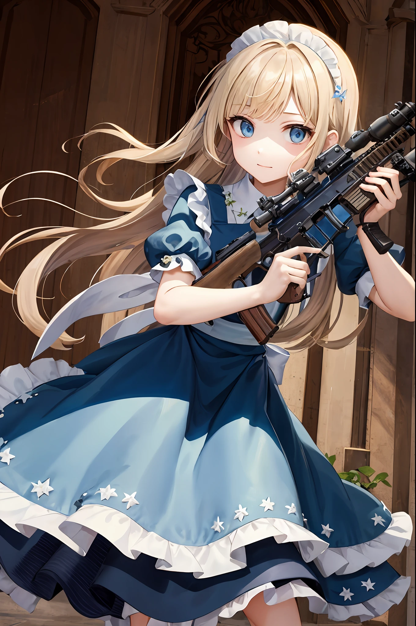 ​masterpiece、top-quality、lensflare、depth of fields、(a closeup:1.3)、facefocus、

1girl in、portraitures、Blue Long Hair、Fluttering in the wind、asymmetrical bangs、maid clothes、(Holding weapons、holding rifle、aim、aim:1.2)、

assault rifle、

simple background、Watercolor background、