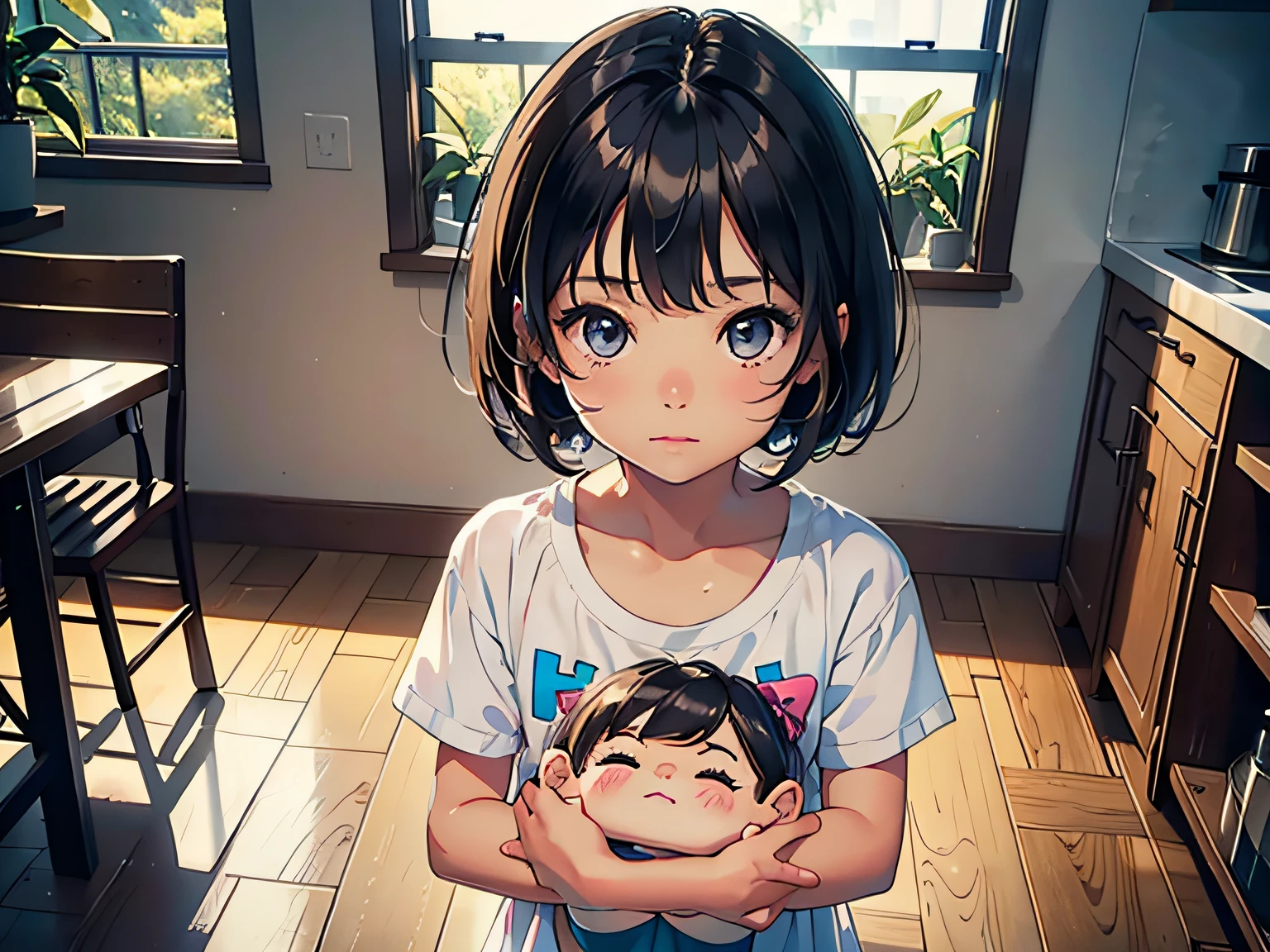 hyper HD, Masterpiece, ccurate, Textured skin, Super detail, High details, High quality, Best quality, A high resolution, 16k,Works of masters,Best image quality,Higher quality,high detal,超A high resolution,8K分辨率,Exquisite facial features,s the perfect face,Glowing skin,((Three-year-old girl)),solo person,((adolable)),opens his eyes wide,Watery eyes,ssmile,short detailed hair,brunette color hair,tee shirt,are standing,inside in room,sobu