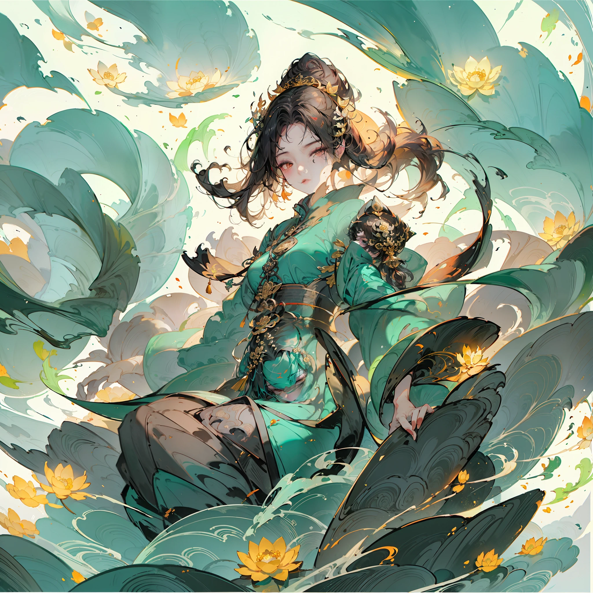 An ancient Chinese beauty sitting on a stone, wearing ancient Chinese clothing, flowing tulle, light silk, lazy posture, large lotus leaf, lotus, ink painting style, clean color, decisive cutting, blank, freehand, masterpiece, super detailed, epic composition, high quality, the highest quality, 4k --v 6