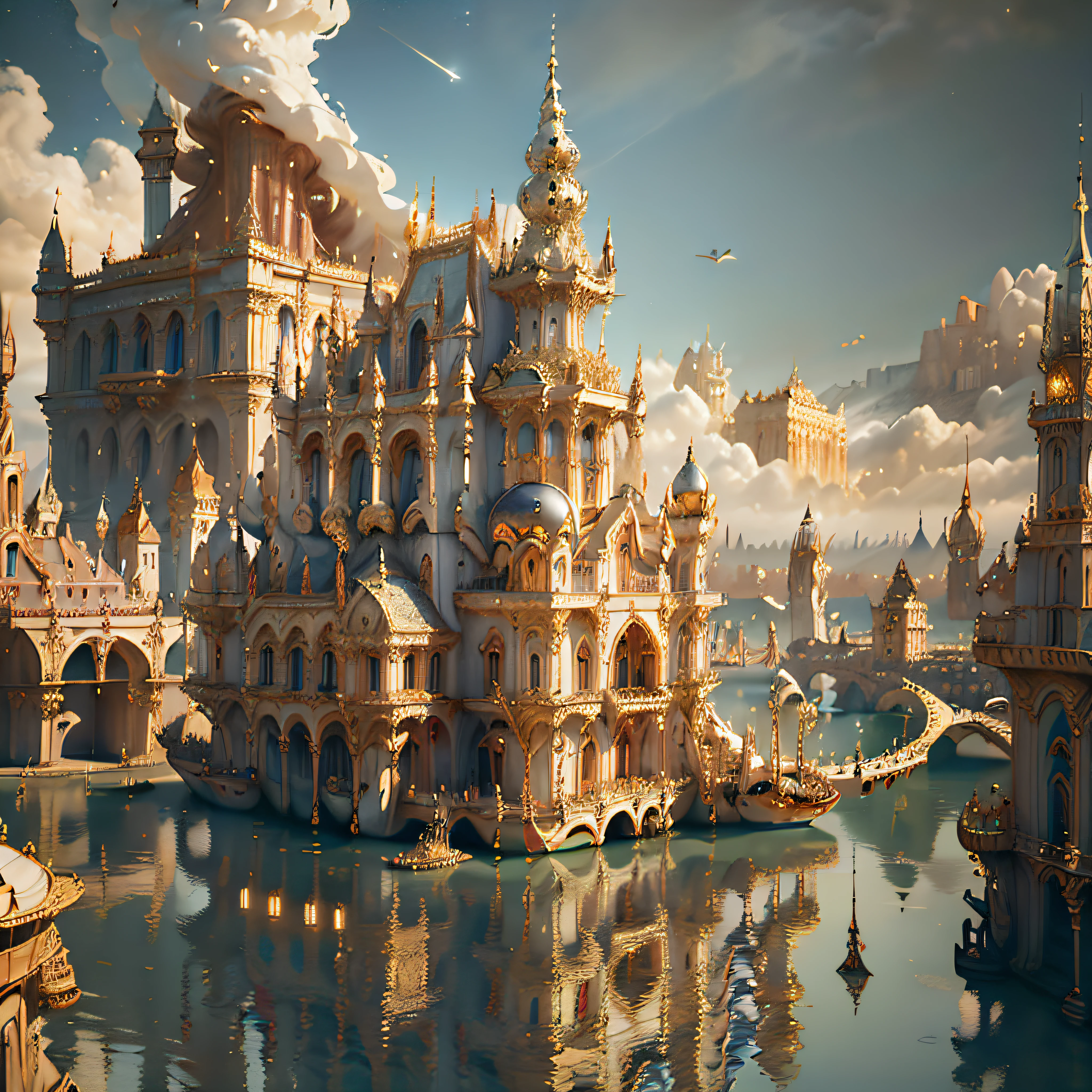 ((((Masterpiece)), Ivory Gold AI City at Night, Isometric, 3D rendering, Very high definition, High detail, There is a big clock on a plate in the water, gorgeous spaceship painting, 4K highly detailed digital art, gorgeous gilded space machine, golden steampunk city atmosphere, fantasy. gondola boat, shocking fantasy 3d rendering, futuristic persian palace, fantasy highly detailed, beautiful detailed fantasy, futuristic palace, detailed fantasy digital art, magic fantasy highly detailed