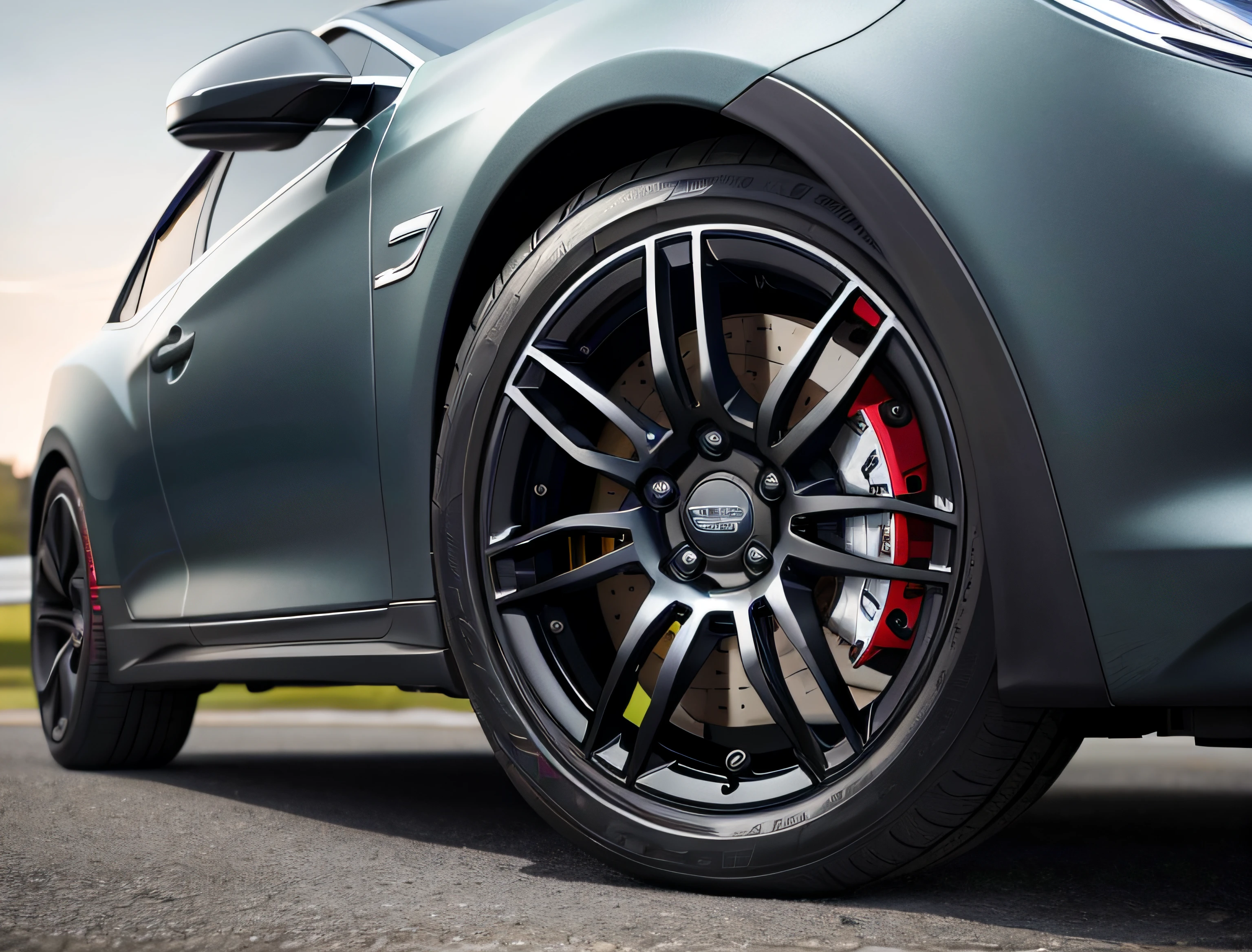 Close up of wheels on dark background, Detailed alloy wheels, Black rubber tires,Grey car paint,car commercial photograph, automotive photography, detailed-wheels, Ultra-delicate, line sleek, rim lght, hyperrealistic”, ultra realistic”, detailed wheels