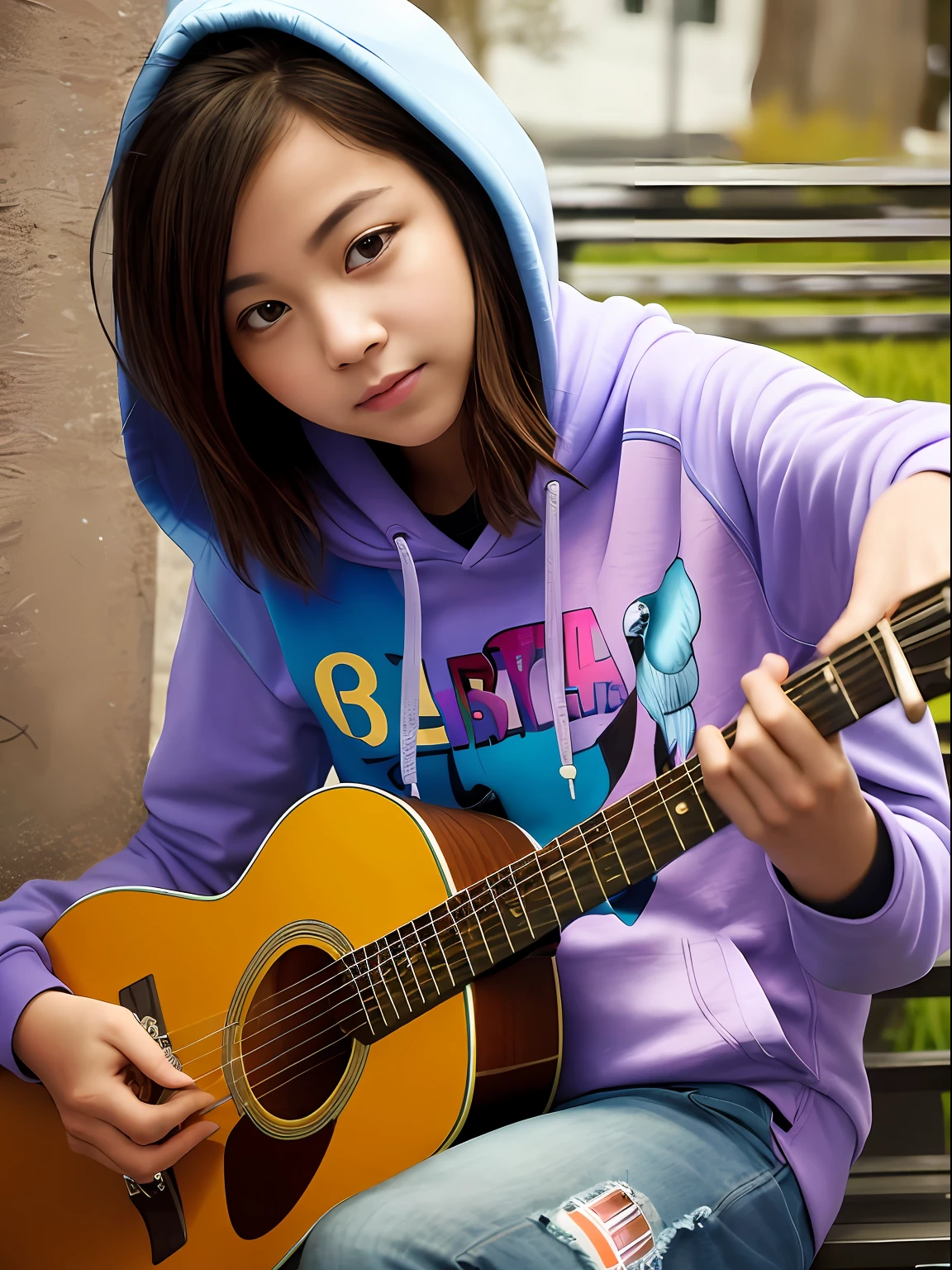 The beauty sits on the bench,holding guitars,wearing a hoody, Girl playing guitar, Woman playing guitar, plays the guitar, plays the guitar, Improvise music, guitarists, Play guitar on the road, musician, singer songwriter,,plays the guitar, Portrait shooting, the guitar player, guitar solo, holding guitars