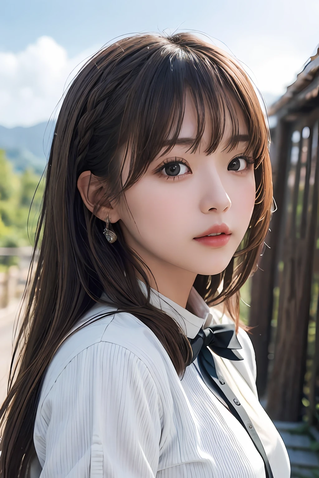 (From below:1),((1girl in)),Light Brown Fringe Hair、Braided hair、disheveled hair、Light brown eyes、(dignified expression)、(Fashionable casual wear),(爆乳)、Emphasize the valley、Skyscraper District、blue-sky、(Photorealsitic)、(intricate detailes:1.2)、(masterpiece、:1.3)、(top-quality:1.4)、(超A high resolution:1.2)、超A high resolution、(A detailed eye)、(detailed facial features)