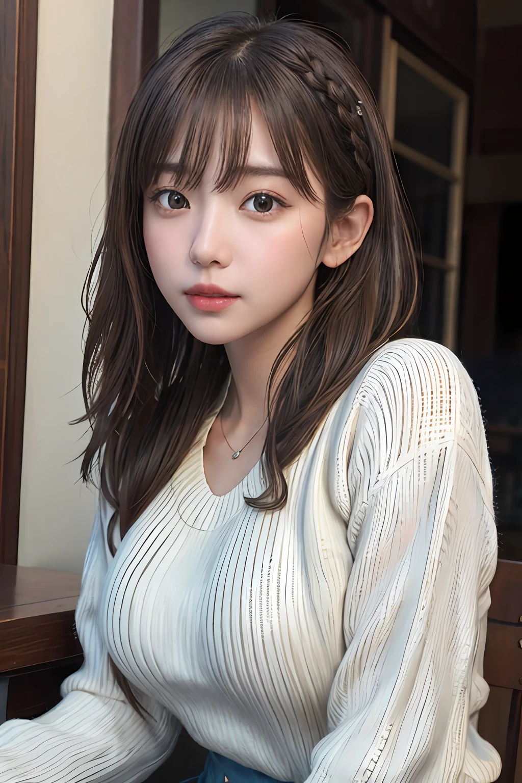 (From below:1),((1girl in)),Light Brown Fringe Hair、Braided hair、disheveled hair、Light brown eyes、(dignified expression)、(Fashionable casual wear),(爆乳)、Emphasize the valley、Skyscraper District、blue-sky、(Photorealsitic)、(intricate detailes:1.2)、(masterpiece、:1.3)、(top-quality:1.4)、(超A high resolution:1.2)、超A high resolution、(A detailed eye)、(detailed facial features)