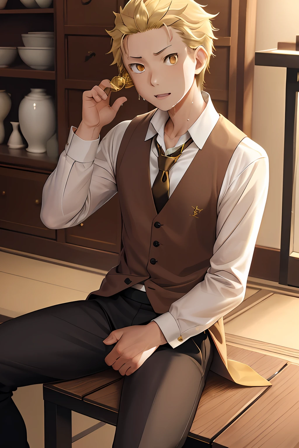 A high resolution， Sharp focus， Pixiv masterpiece， （（Complicated details））， highly  detailed， natsuki_subaru， 1 man， with her mouth open，full bodyesbian，sit astride， Golden eyes（eyes glowing）， blond hairbl， The shirt，Drenched，Gold tie，trousers，thongs，perspire，look from down